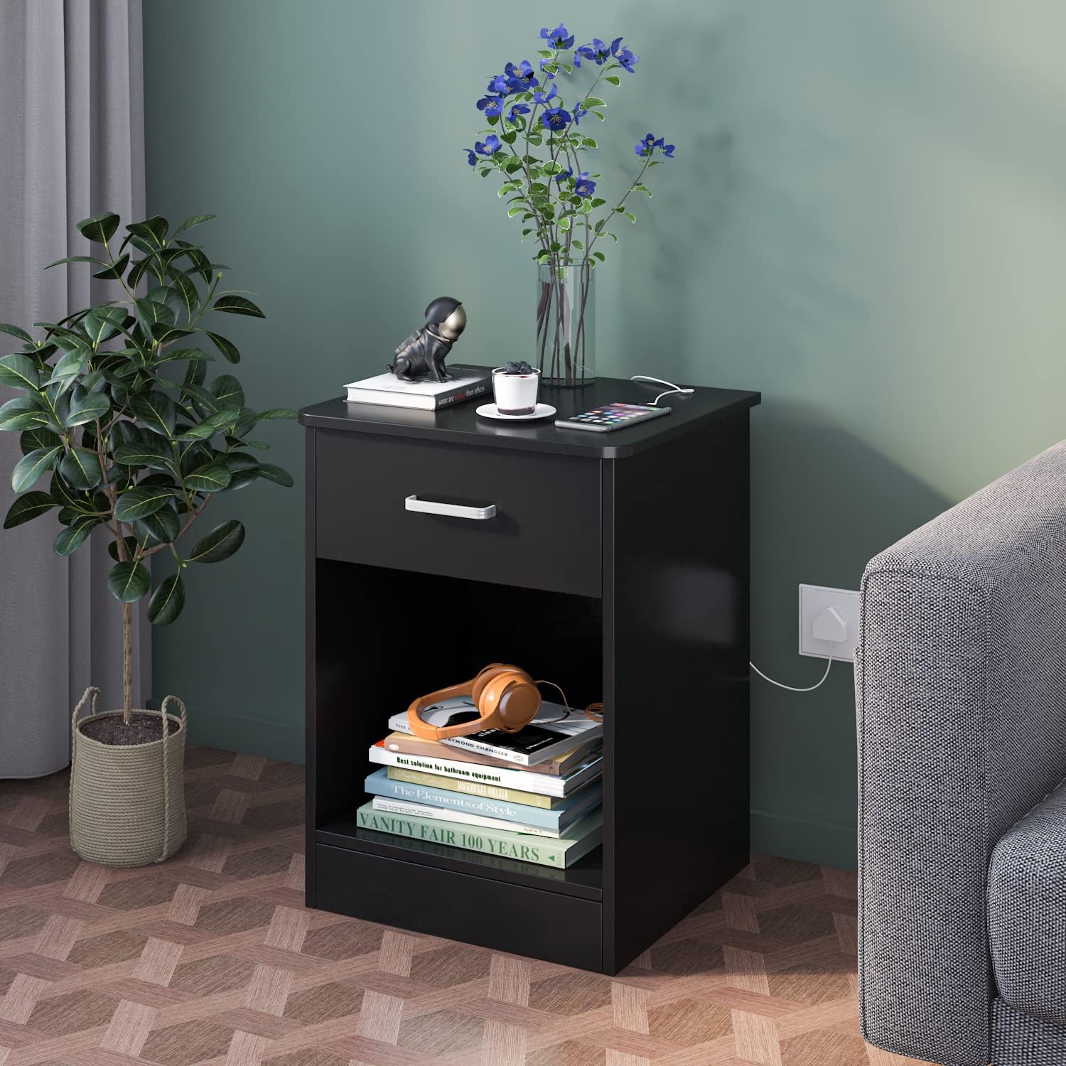 Nightstand for Bedroom, Modern Bedside Table Sofa Table Night Stand with Drawer and Storage Cabinet, Home Furniture, Black