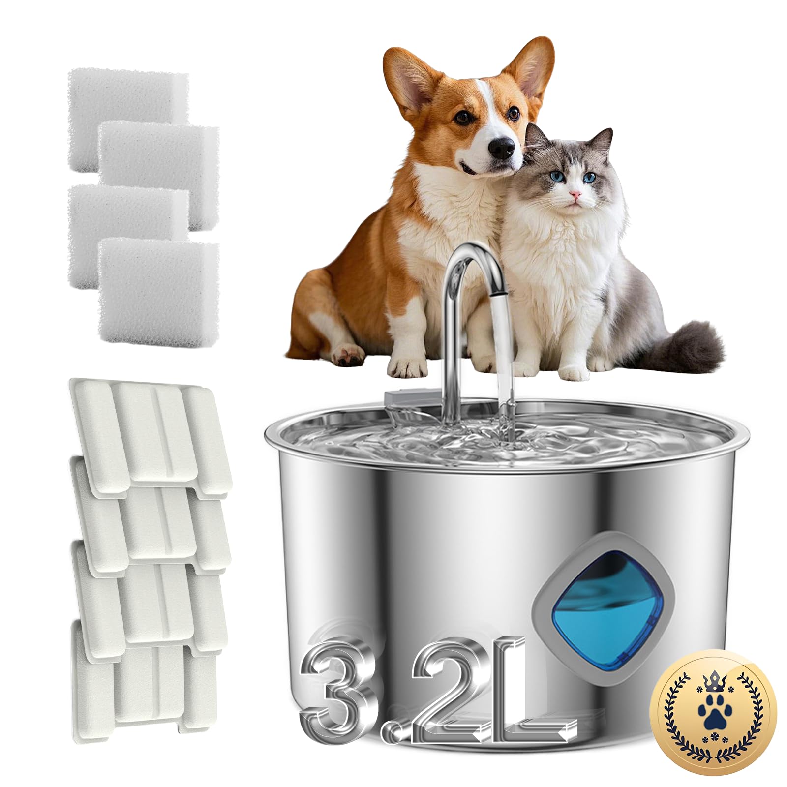 Purrify - Fuente de agua para gatos, fuente de agua para gatos, fuente de agua para perros, fuente de agua de acero inoxidable de 3.2 L, nivel acuoso visible, incluye 4 filtros de repuesto, 4 filtros