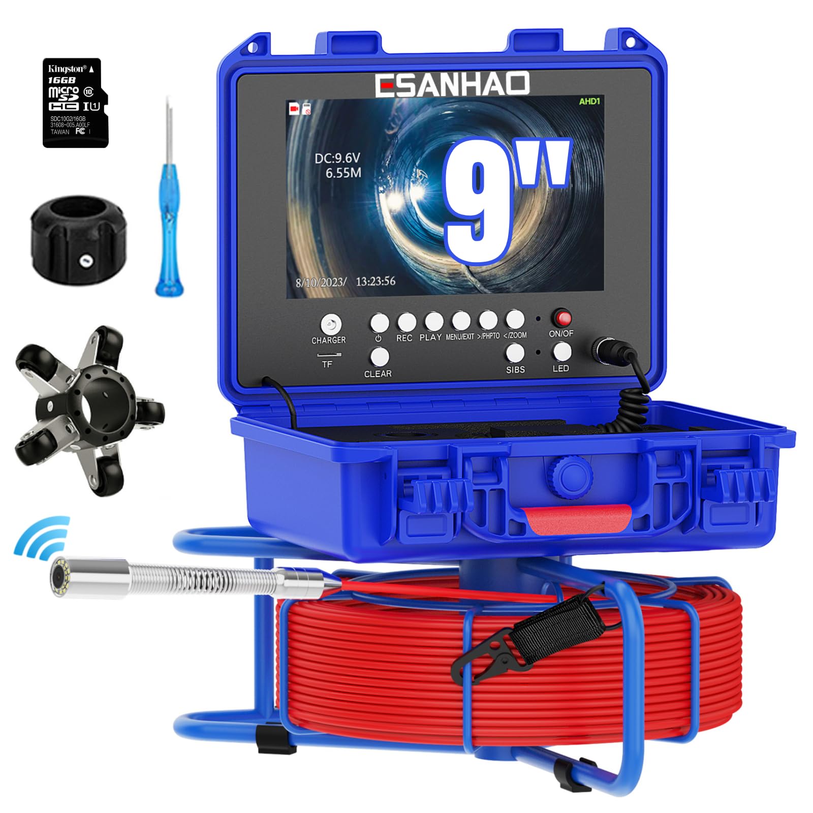 Cámara Endoscópica 9" Monitor Cámara Inspección de Tuberías con Nivelación Automática DVR Grabación de vídeo y Audio con Contador de Metros 30m