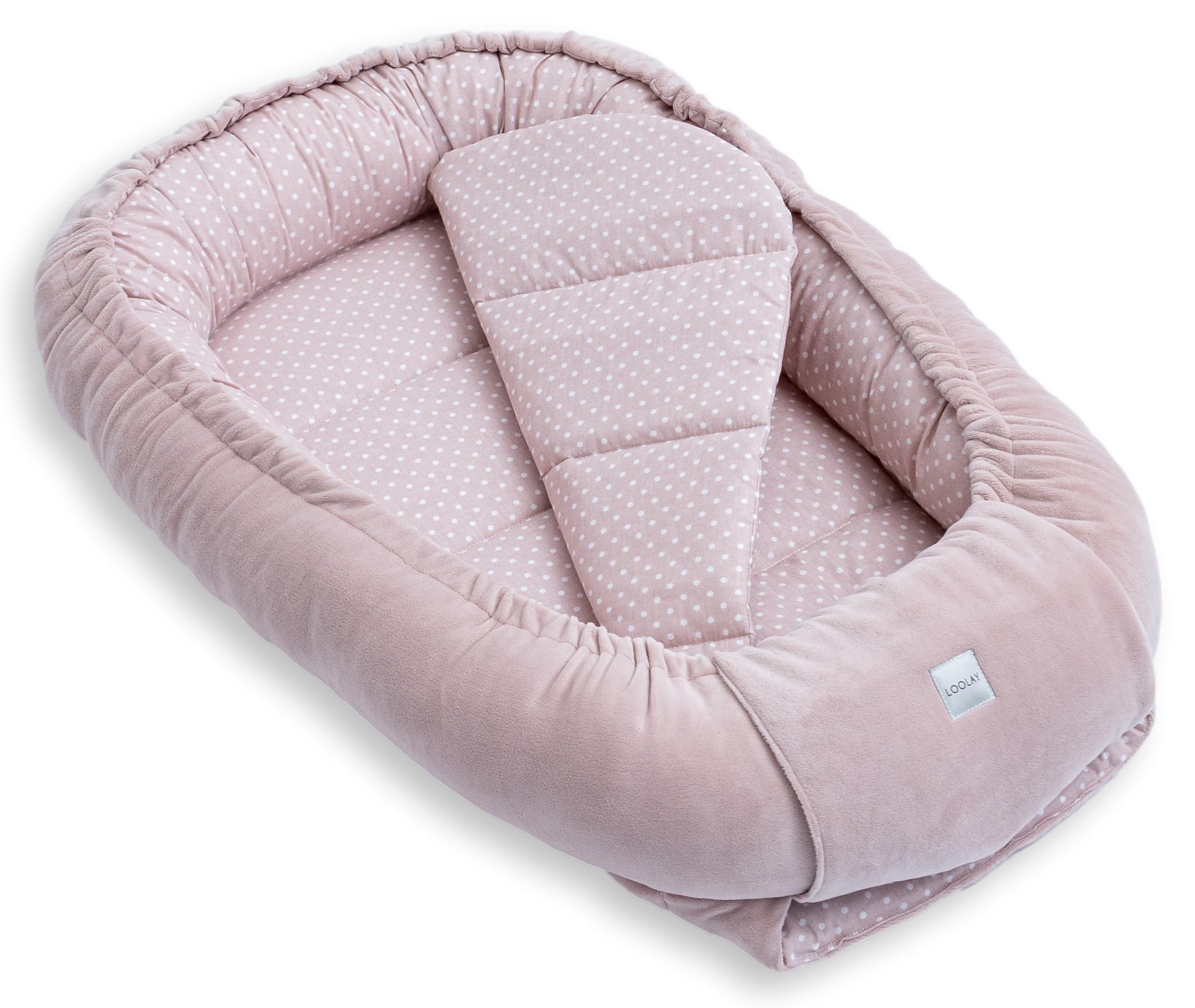 LOOLAY Nid de bébé, tour de lit pour nouveau-né - tour de lit bébé 91 × 63 cm avec matelas, nid portable en velours velours & coton (rose velours/pois rose)