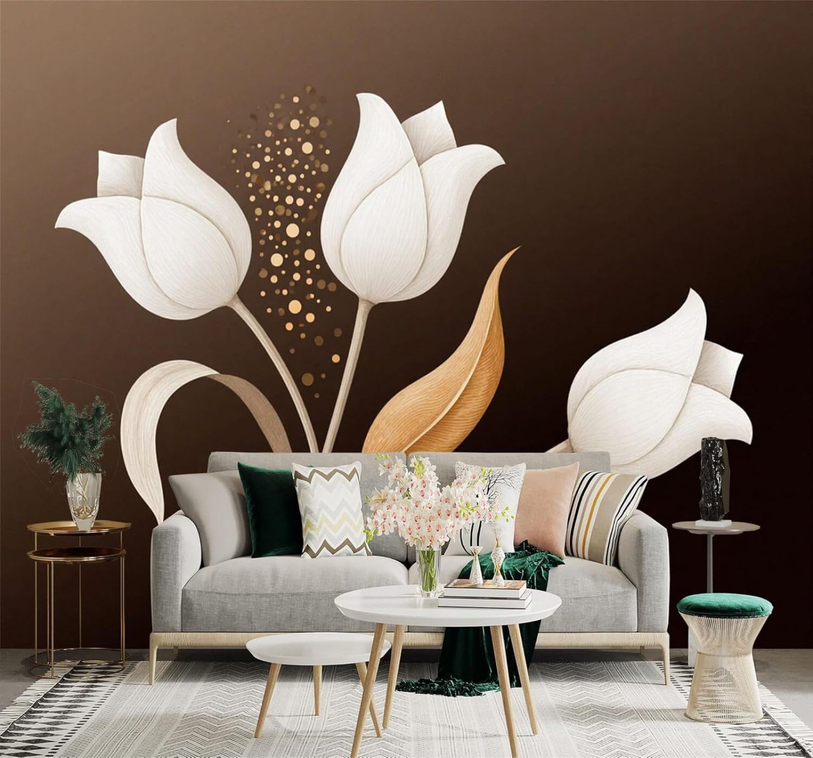 XLMING Simple Beautiful White Tulips Golden Leaves Brown Background 3D Wallpaper Silky Texture Home Study Office Grey Dining Room Sofa Bedroom Living Room TV Backdrop-200cm×140cm