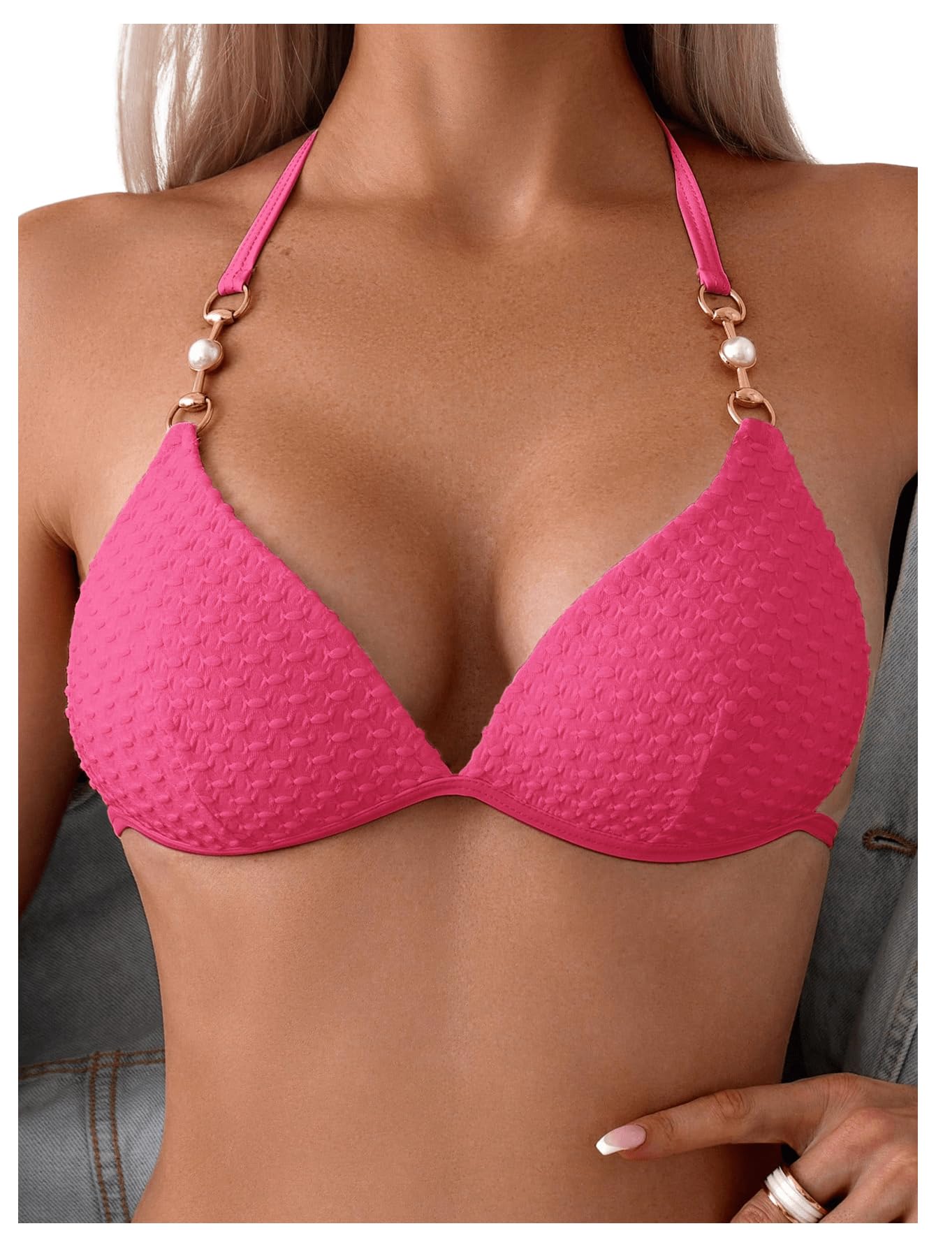 GORGLITTER Bikini damski zestaw z łańcuszkami, wiązane na szyi, trójkąt, bikini, seksowny, dwuczęściowy kostium kąpielowy z perłami, moda kąpielowa