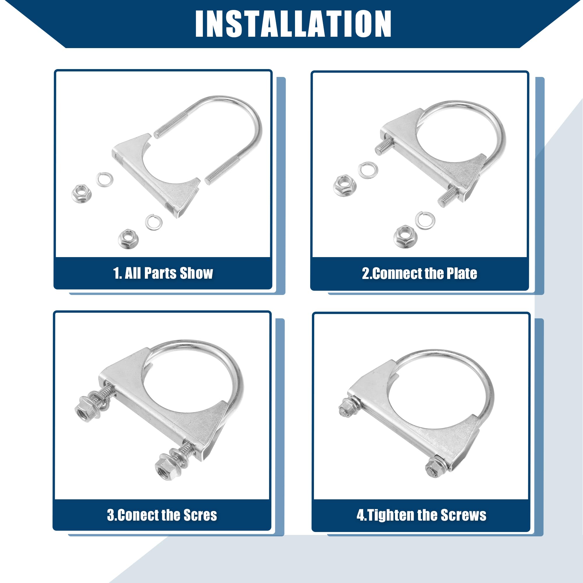 Colliers D'échappement En U à Boulon Rond - Lot De 4 - Diamètre Intérieur 76 Mm (3") - Acier Doux Zincé