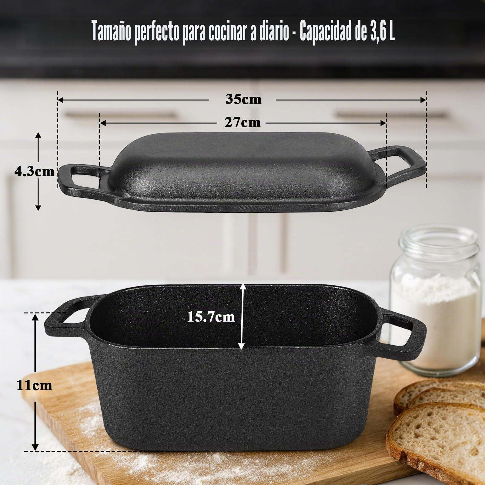 GFTIME Cacerola de hierro fundido de 35 cm para hornear pan, molde para pan con tapa, molde resistente con tapa, ideal para pan, pan de hierro fundido, molde para pan tostado