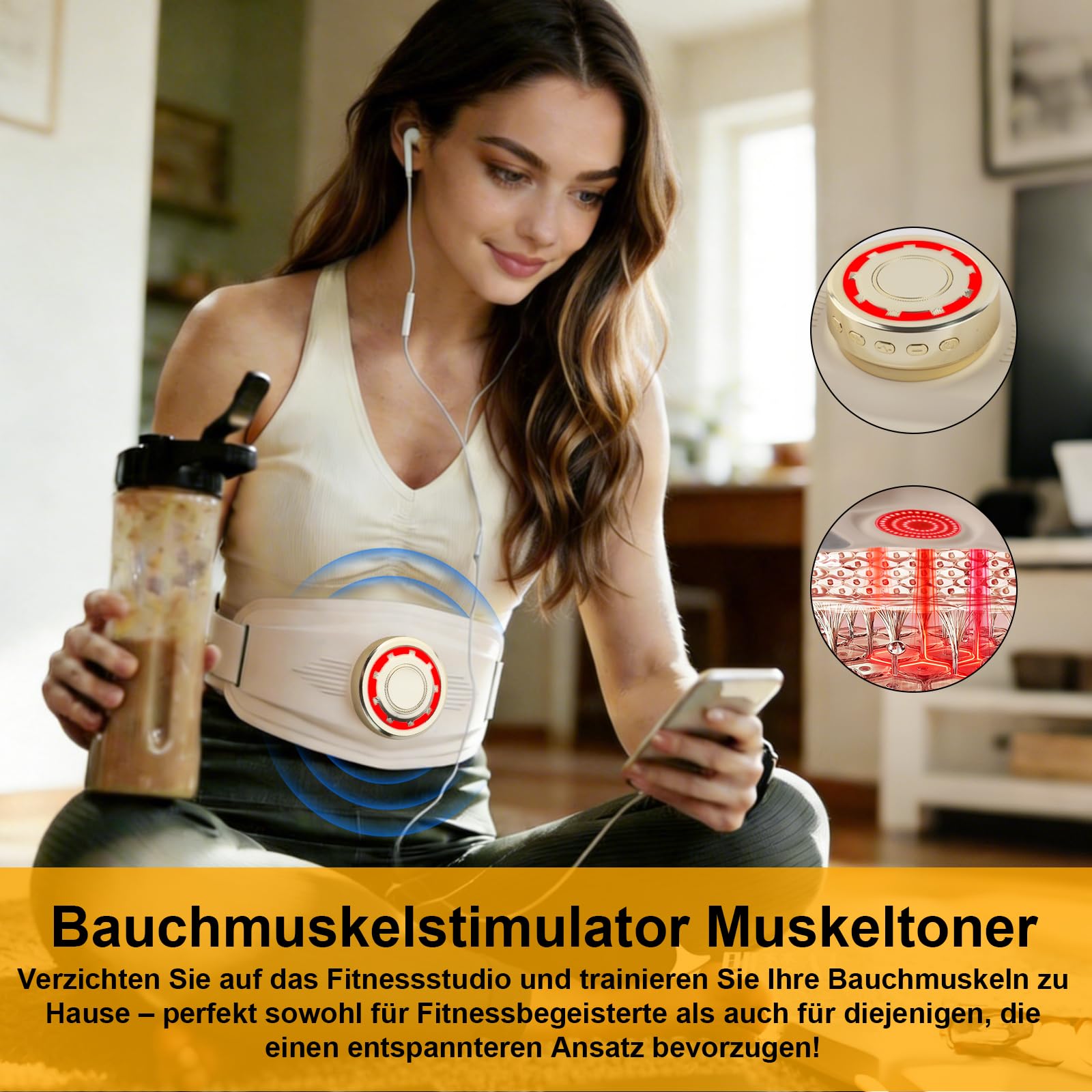 Ms.W EMS-Massagegürtel, Bauchmuskelstimulator und Muskelaufbau-Trainer mit 4 Modi, Mehreren Intensitätsstufen, Wärmekompresse und Farblicht, für Männer und Frauen