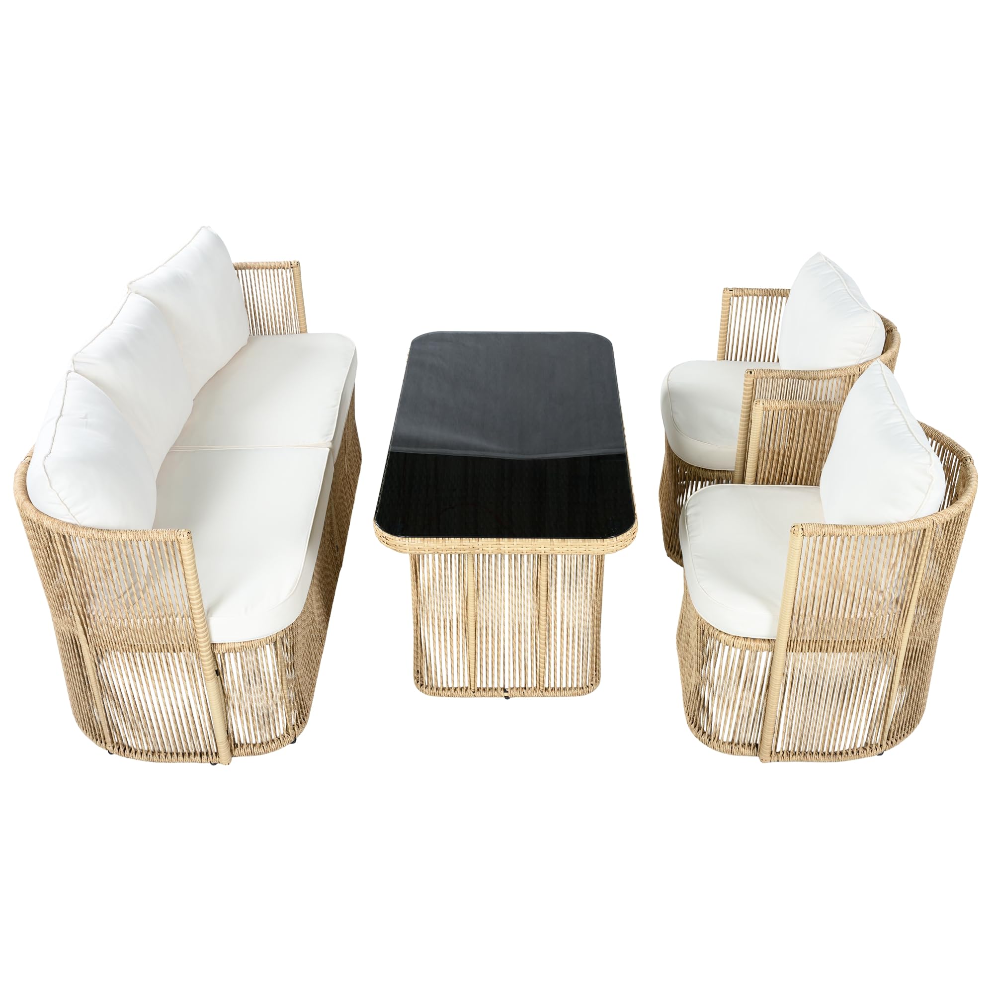 Merax PE Rattan Gartenmöbel Set, mit 3-Sitzer Sofa, 2 Sesseln und Glastisch, Outdoor Lounge Set mit 8 cm Sitzkissen, Stahlrahmen, für Terrasse und Balkon, Beige und Schwarz