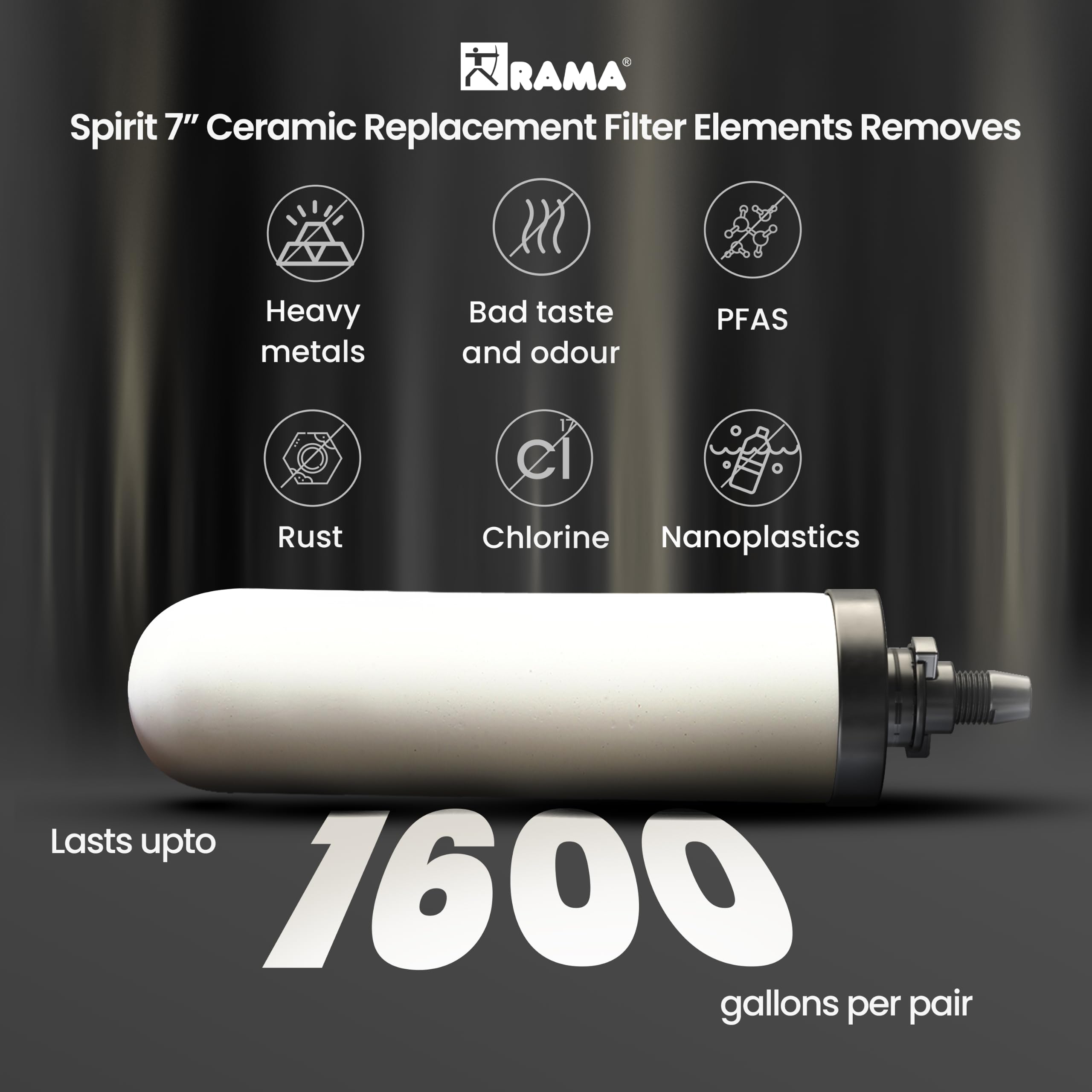 RAMA Spirit - Vela de cerámica de 7 pulgadas para filtro de agua y purificador de acero inoxidable para el hogar, filtración avanzada de 3 etapas, tecnología del Reino Unido con carbón activado,
