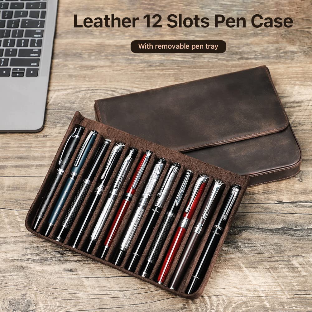 Hiram - Astuccio in pelle per 12 penne, portapenne in pelle portatile con chiusura magnetica nascosta e design con vassoio portapenna