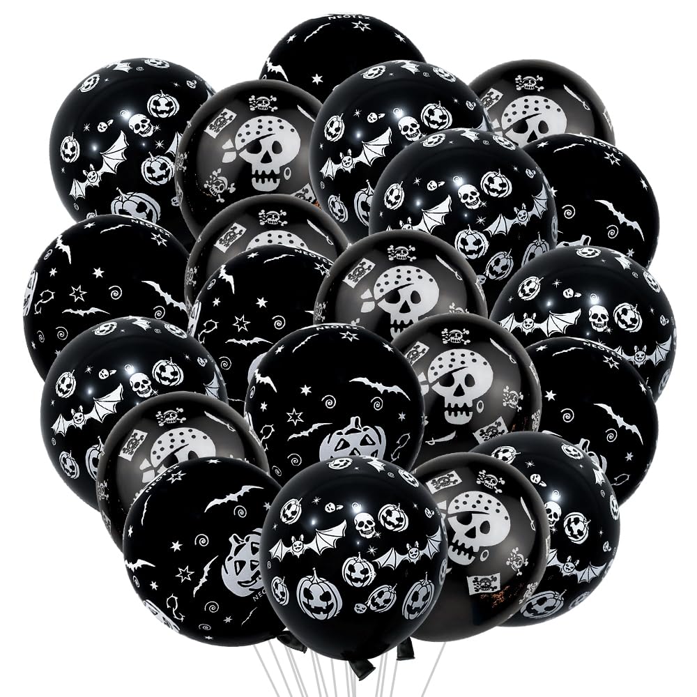 Halloween Party Balloons, 30 PCS Black Latex Balloons with 4 Different Pattern, Pumpkin, Bat, Skull