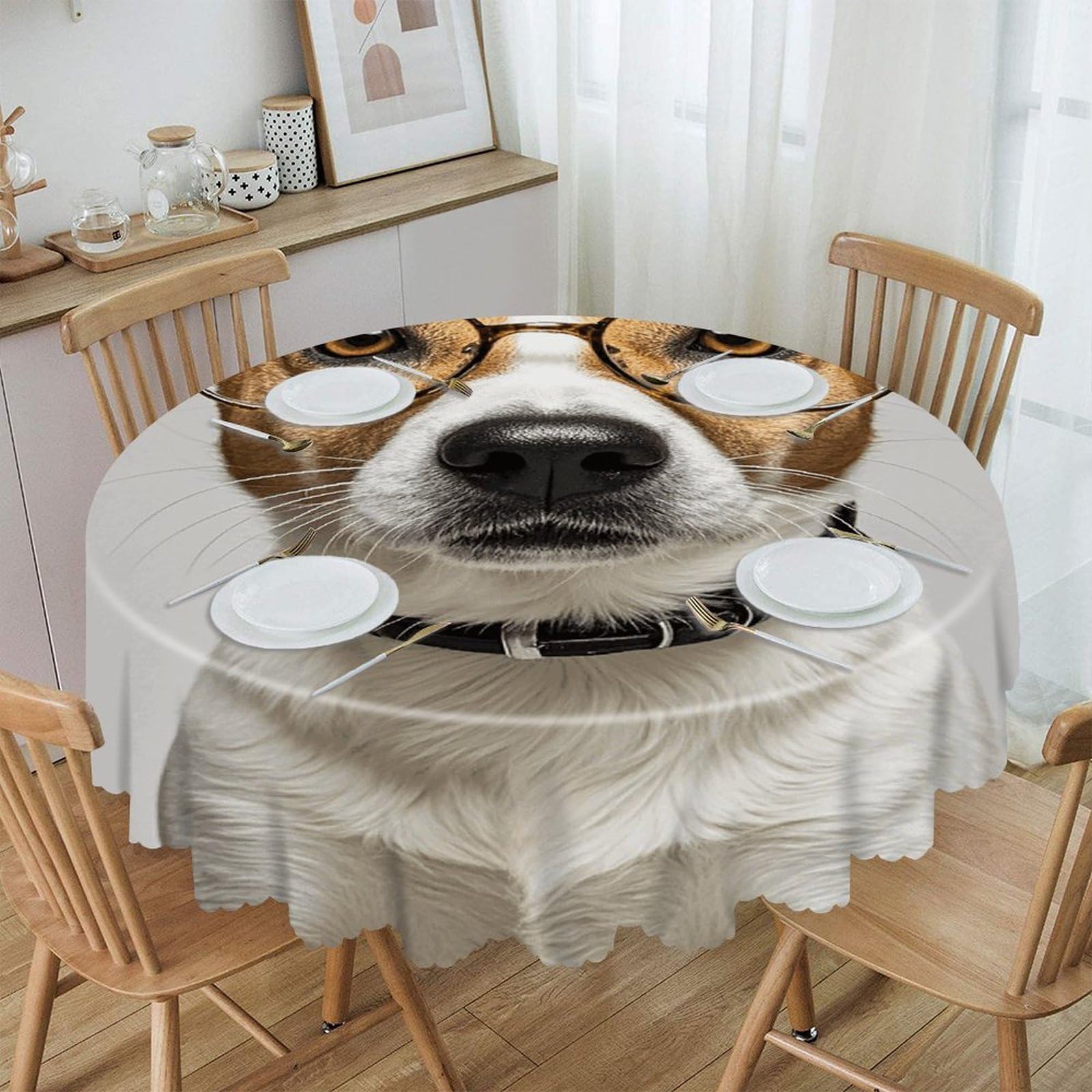 LZQPOEAS Dog with Glasses Round Tablecloth Rustic Circle Table Cloth Wrinkle Resistant Decor Tablecloth Waterproof Washable Table Cover for Kitchen Party Dining Table 60 Inch