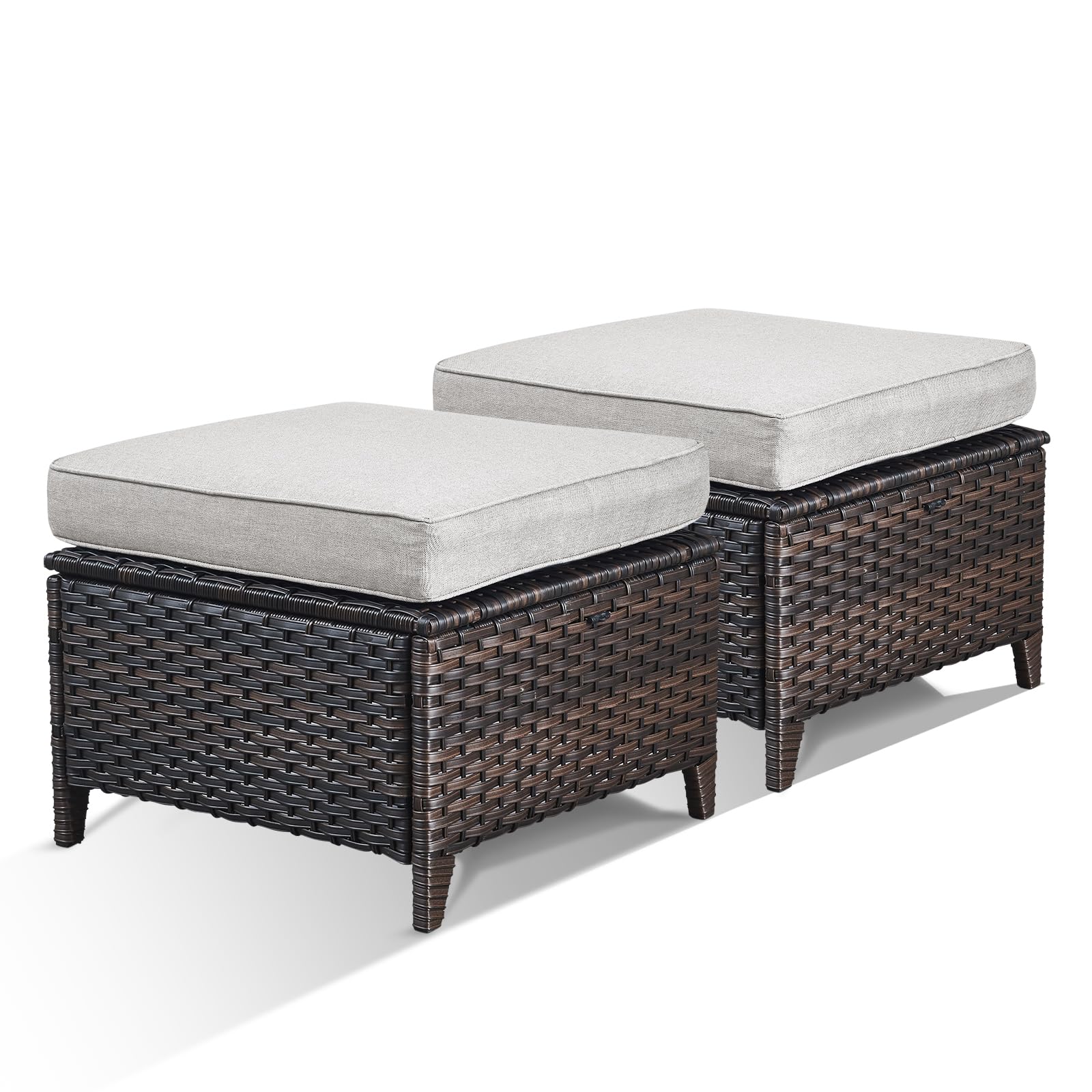 Bellefurn Patio Ottomans Set of 2 Outdoor Ottomans Wicker Foot Stools 2 Piece Footrest PE Rattan Ottomans with Thickened Cushions for Patio Garden Porch Balcony Poolside Deck, Brown|Beige