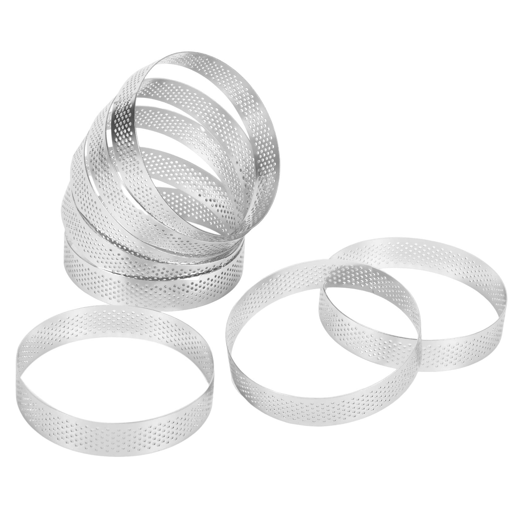 MOLERRI 8Pcs Stainless Steel Tart Ring, Heat- Perforated Cake Mousse Ring Round Double Rolled Tart Ring Metal Mold