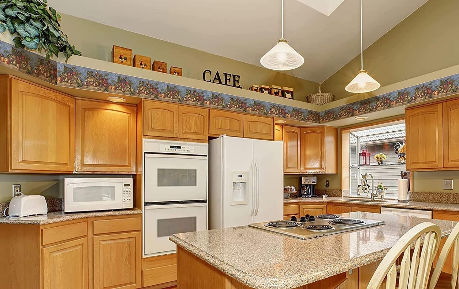CONCORD WALLCOVERINGS ™ Wallpaper Border Fruits Grapes Peaches Plums Pears in Baskets Wine, Colors Red Orange Green Beige Blue, 7 Inch by 15 Ft WP30503