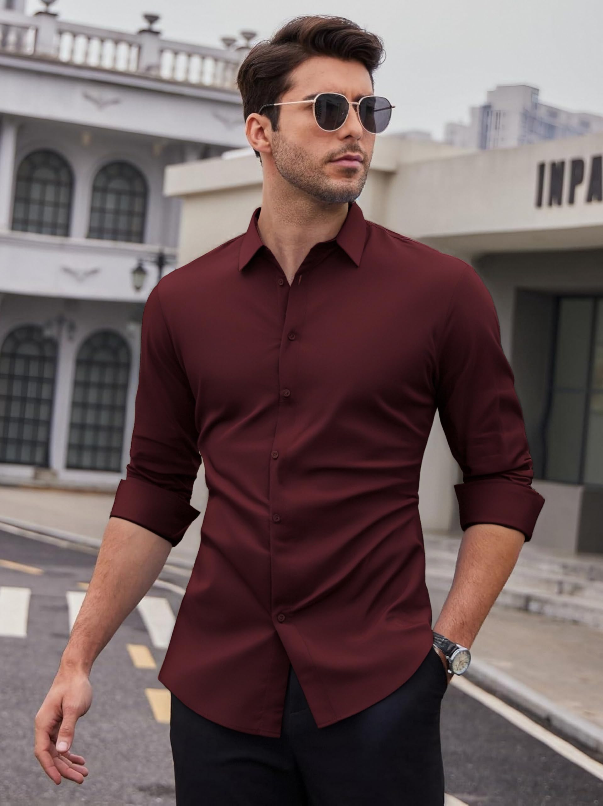 SAMERM Camisa de vestir para hombre, sin arrugas, absorbe la humedad, alta elasticidad, súper suave, casual, con botones