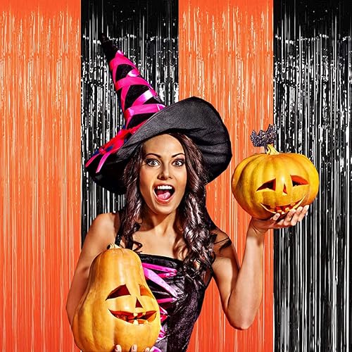 Miniatura 8 de Cortina de flecos de aluminio negro y naranja, 4 cortinas de oropel de 3.28 pies x 8.2 pies, telón de fondo para cabina de fotos, telón de fondo