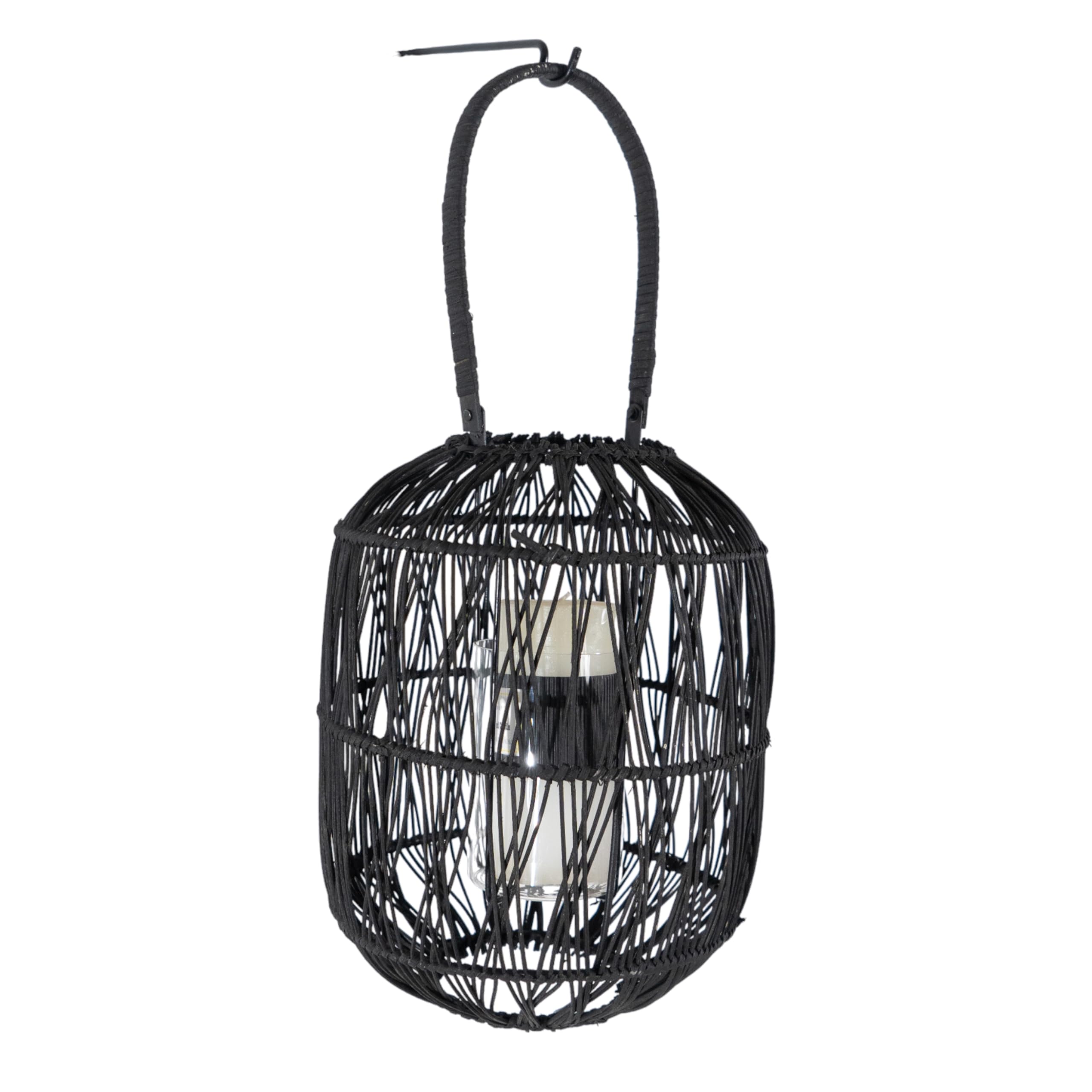 Farol en rattan negro élégant avec son support mural en métal chic