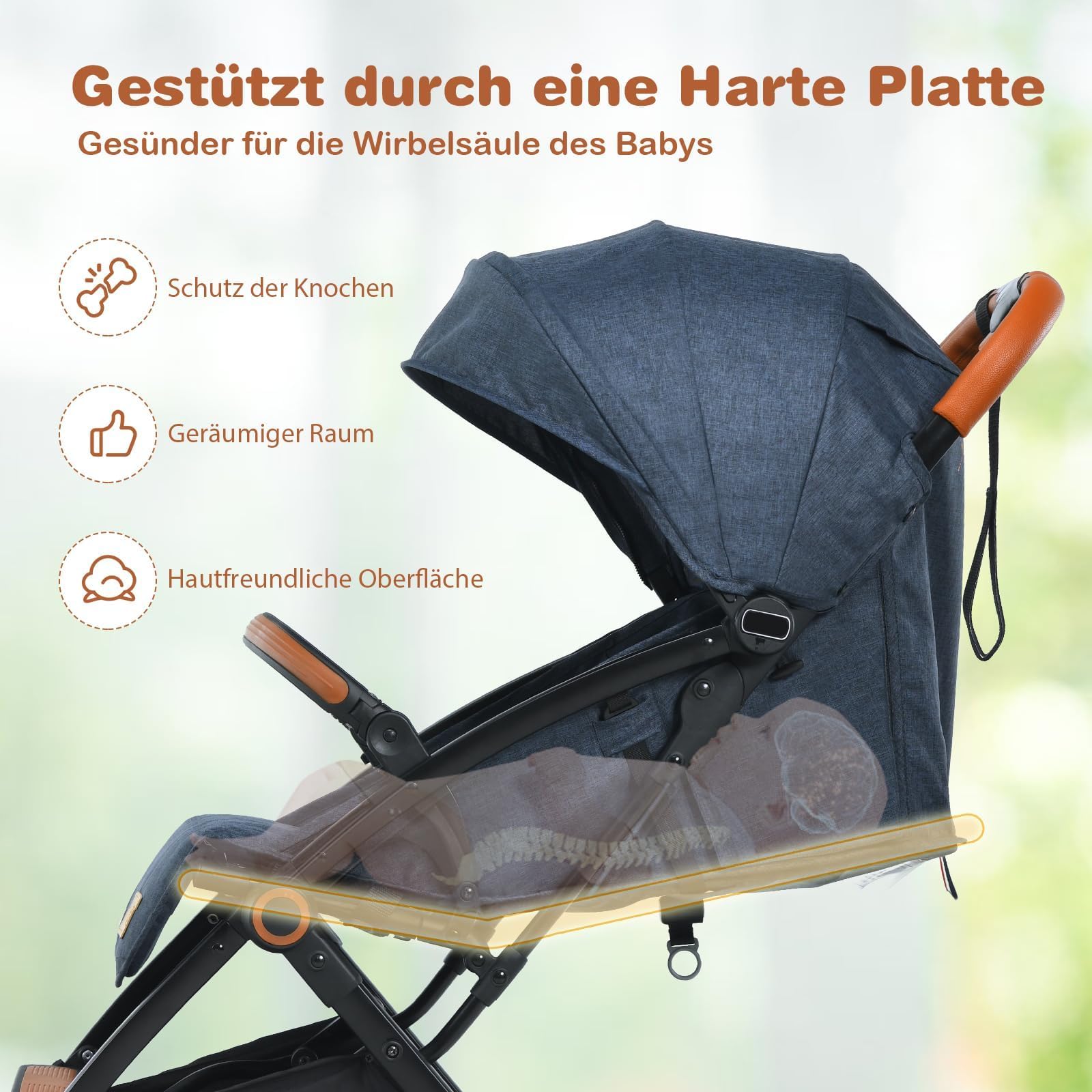 FANTASK Poussette pliable, ceinture de sécurité 5 points avec fonction allongée, capote et dossier réglable, poussette pour bébé jusqu'à 3 ans, charge maximale : 15 kg (bleu)