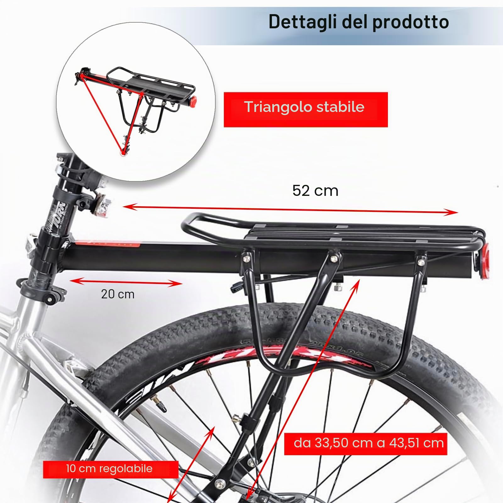 Portapacchi posteriore per bici - Portapacchi posteriore regolabile per bagagliaio per bicicletta con riflettore parafango, portapacchi per bici a sgancio rapido di facile installazione
