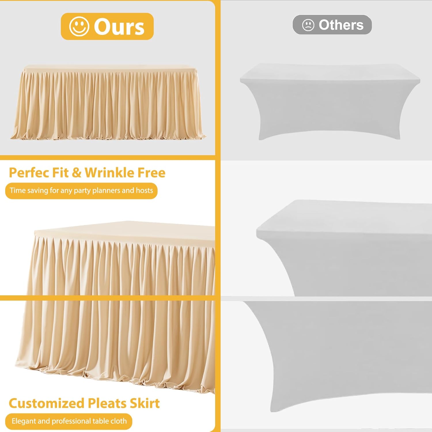 Wish Care 2 Pack Champagne Rectangle Table Clothes for 6 Foot Tables, Polyester Fitted Tablecloths 6t Stretch Table Cover for Wedding, Birthday, Parties, Trade Show, Craft Show