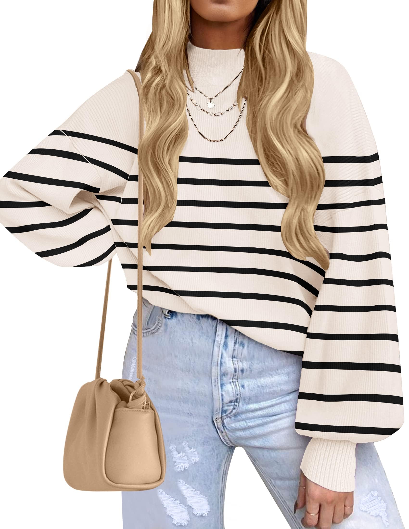 ZESICA Women's 2026 Fall Striped Pullover Sweaters Tops Fashion Outfits | Checkered, Mock Neck, Oversized, Trendy Casual Loose Fit, Cute, Chunky Cozy Holiday Winter Clothes
