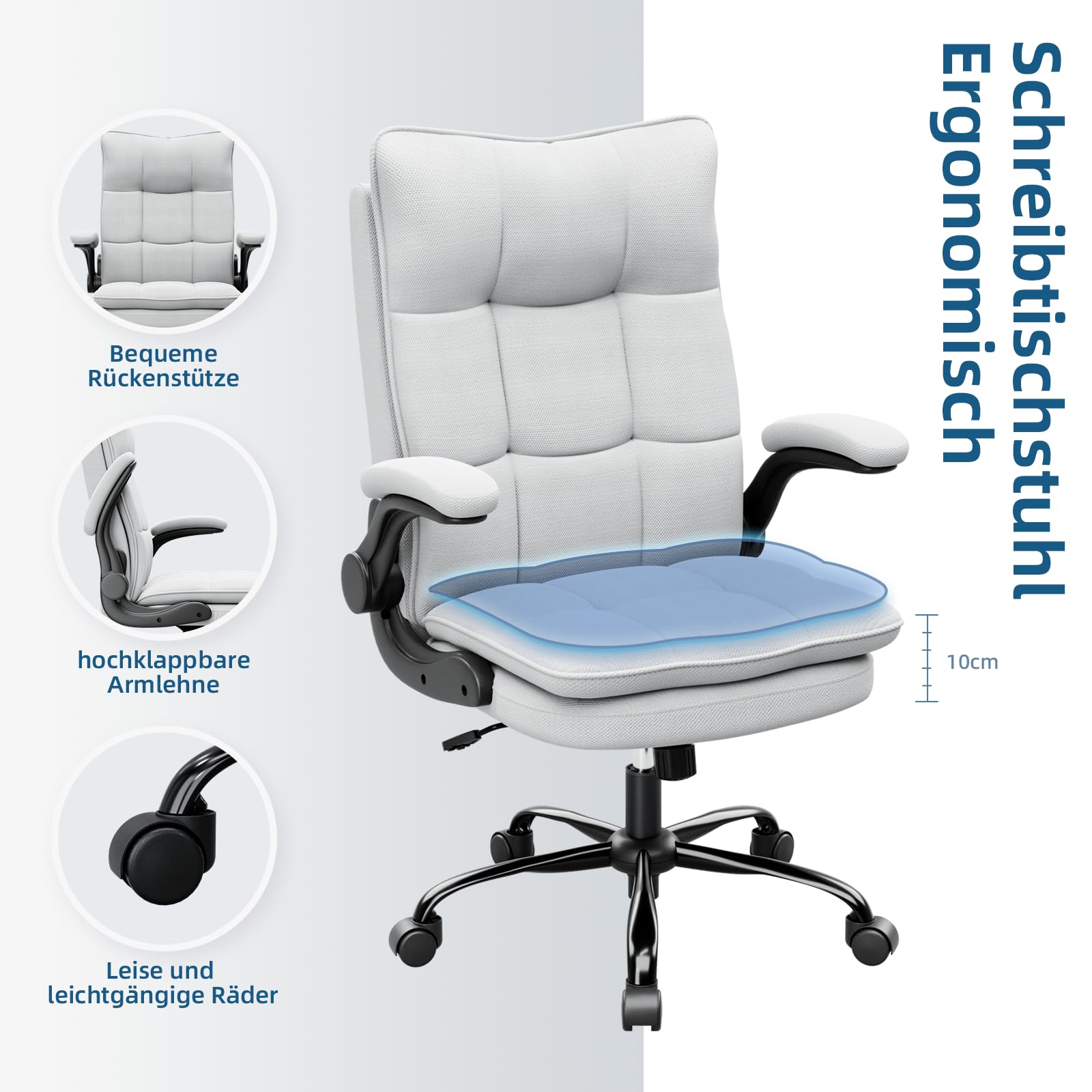BAYGE Sedia Ufficio, Sedia Ergonomica per Computer con Braccioli Ripiegabili, Poltrona Direzionale con Sedile Largo, Altezza Regolabile, Comoda per Ufficio, Casa e Giochi, Portata fino a 150 kg,Grigio