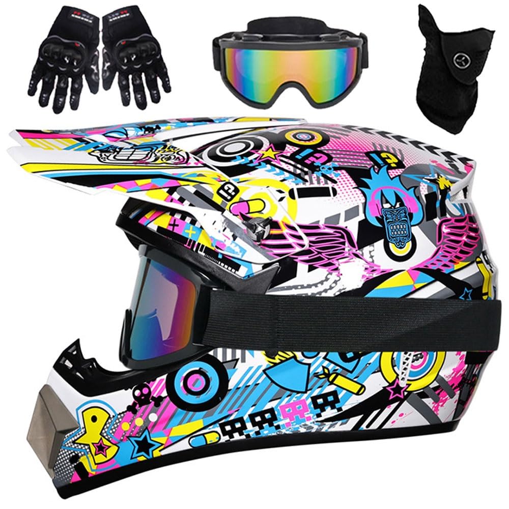 Casco de Motocross Juvenil con Gafas, Guantes Y MáScara para NiñOs de 5 A 14 AñOs, Casco ATV para NiñOs Y NiñAs, BMX, Descenso, Bicicleta de MontañA, Cuatriciclo, Homologado por El Dot