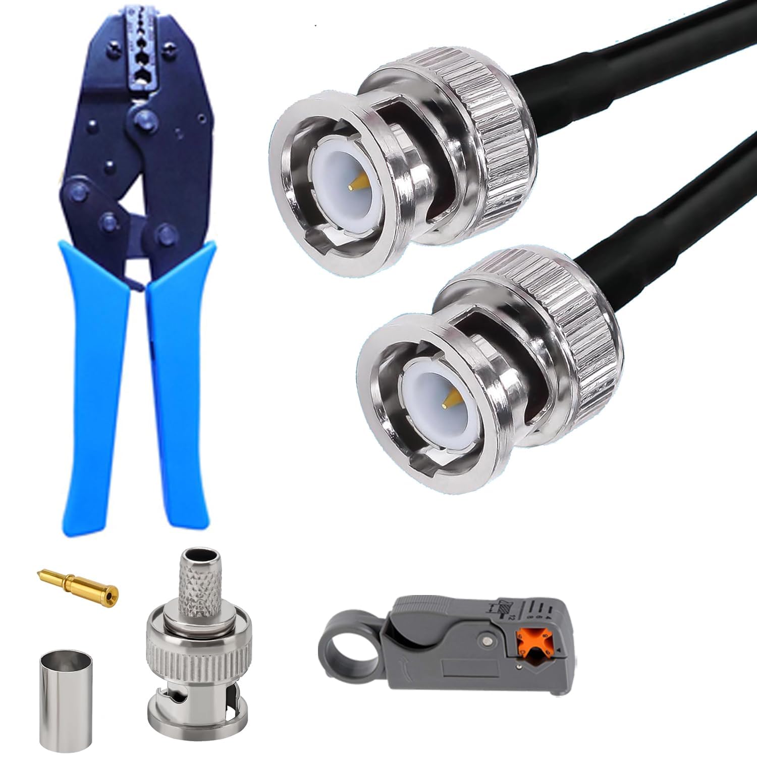 Kit con Connettori BNC RG58 e Pinza Crimpatrice con Maschere Intercambiabili & Spellacavi Coassiale | 10 pcs Connettori BNC Maschio a Crimpatura e Pinza Crimpatrice BNC per Installazioni CCTV, Satelli