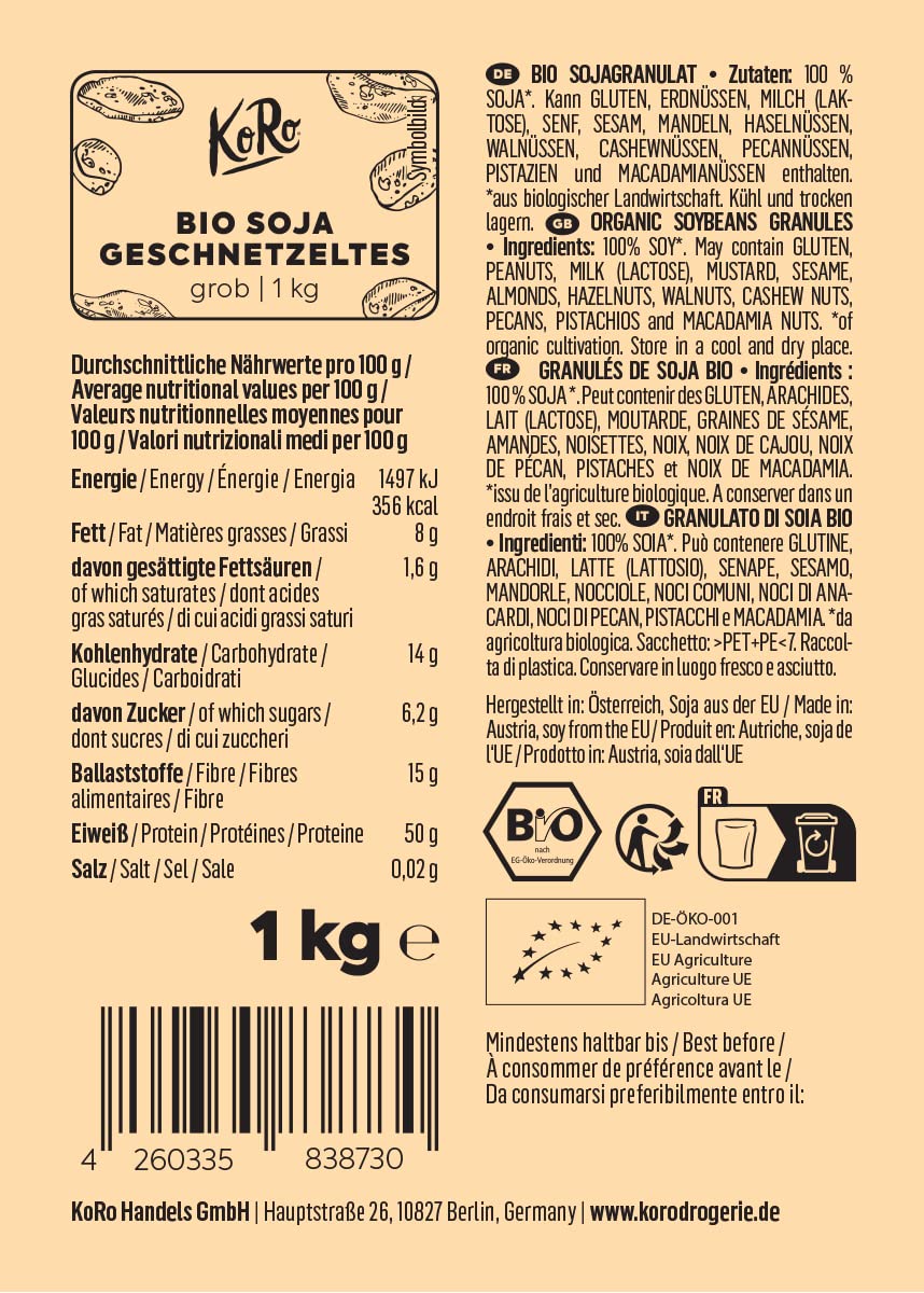 KoRo - Straccetti grandi di soia bio 1 kg - sostituto vegetale della carne - alto contenuto proteico - ricco di fibre