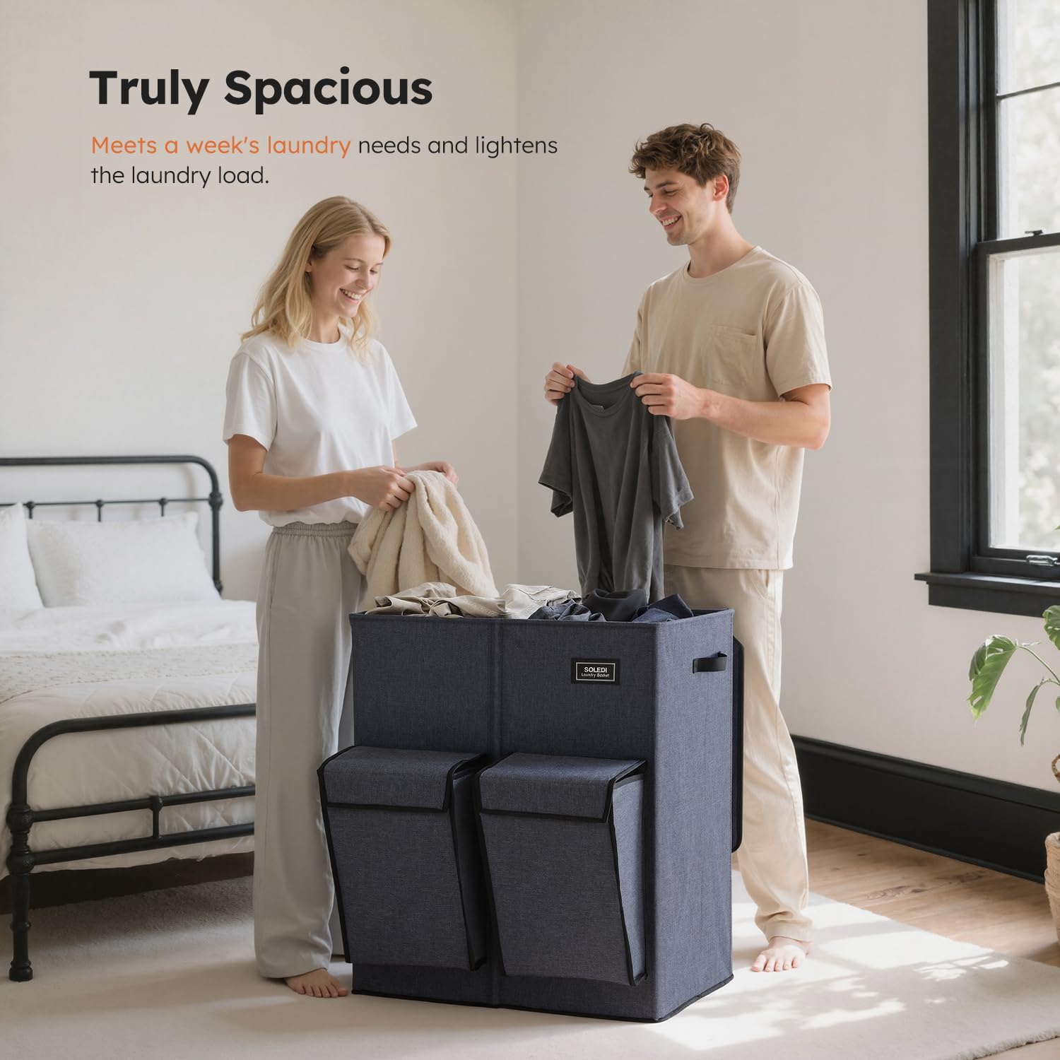 SOLEDI 180L Double Laundry Hamper with Lid and 2 Side Pockets, Dual Hamper