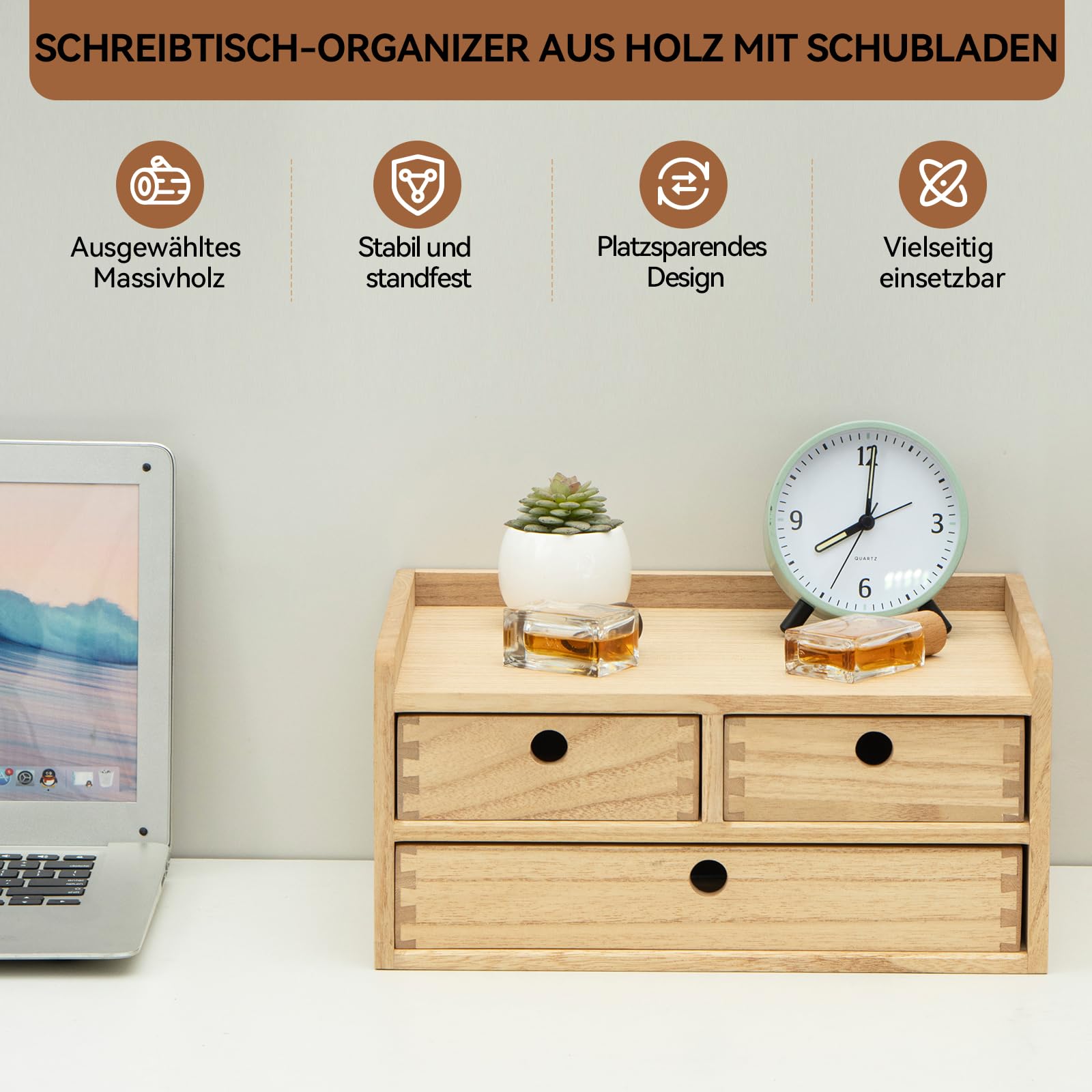 KIRIGEN Schubladenbox Holz, Schreibtisch-Organizer, A4-Fach, Natur | 35 x 27 x 16,7 cm, 3 Schubladen, Ablagefach, Massivholz, handgefertigt, fertig montiert, Zapfenverbindungen, Pflanzenöl