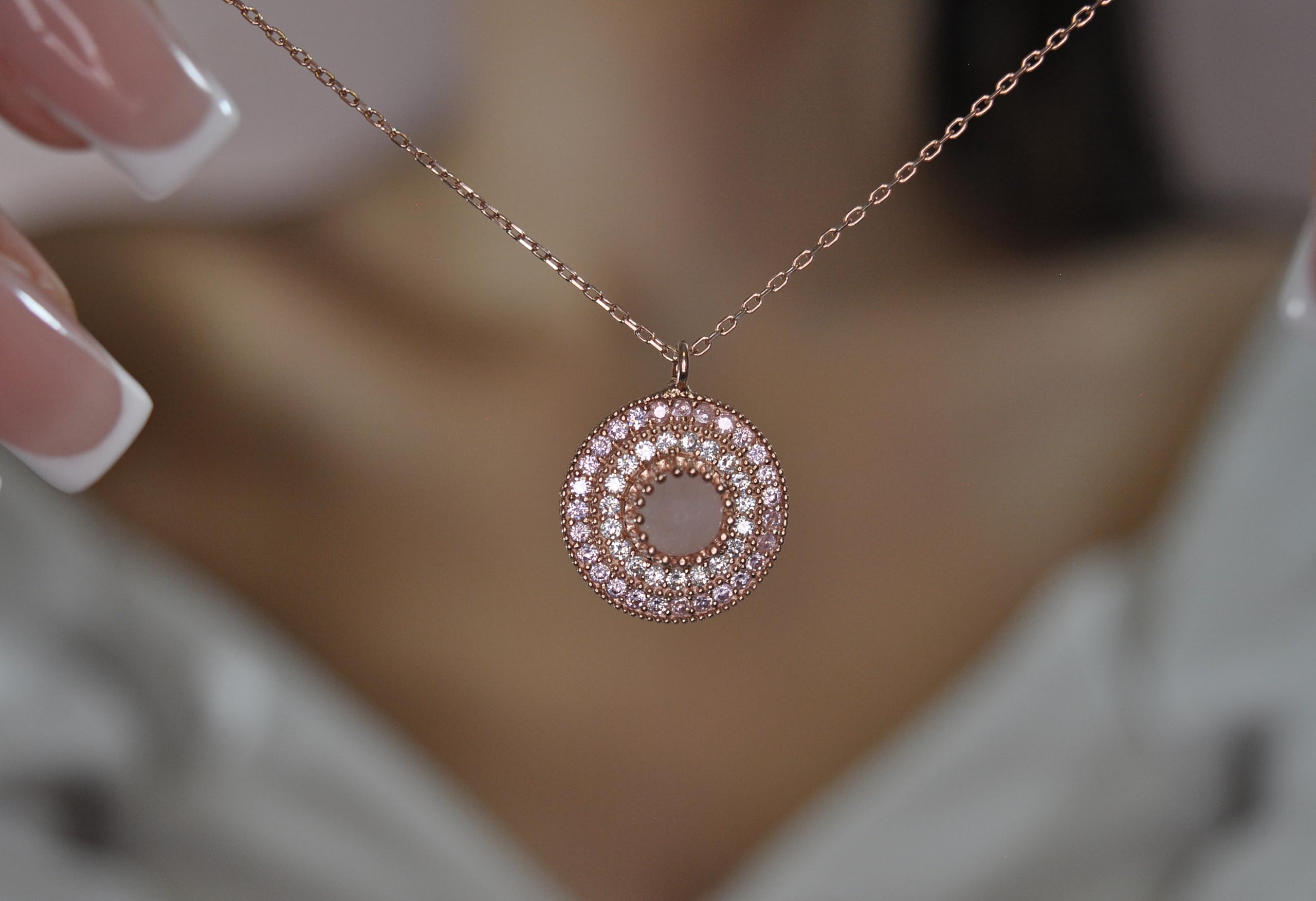 Sterling Silber Kette Damen - 925 - Edelstein Kette - Halsketten mit Anhängern - Rosenquarz Edelstein - Brautschmuck Rosegold - Tropfen - Zirkonia - Geschenk für Sie - Schmuck-Handmade Geschenk