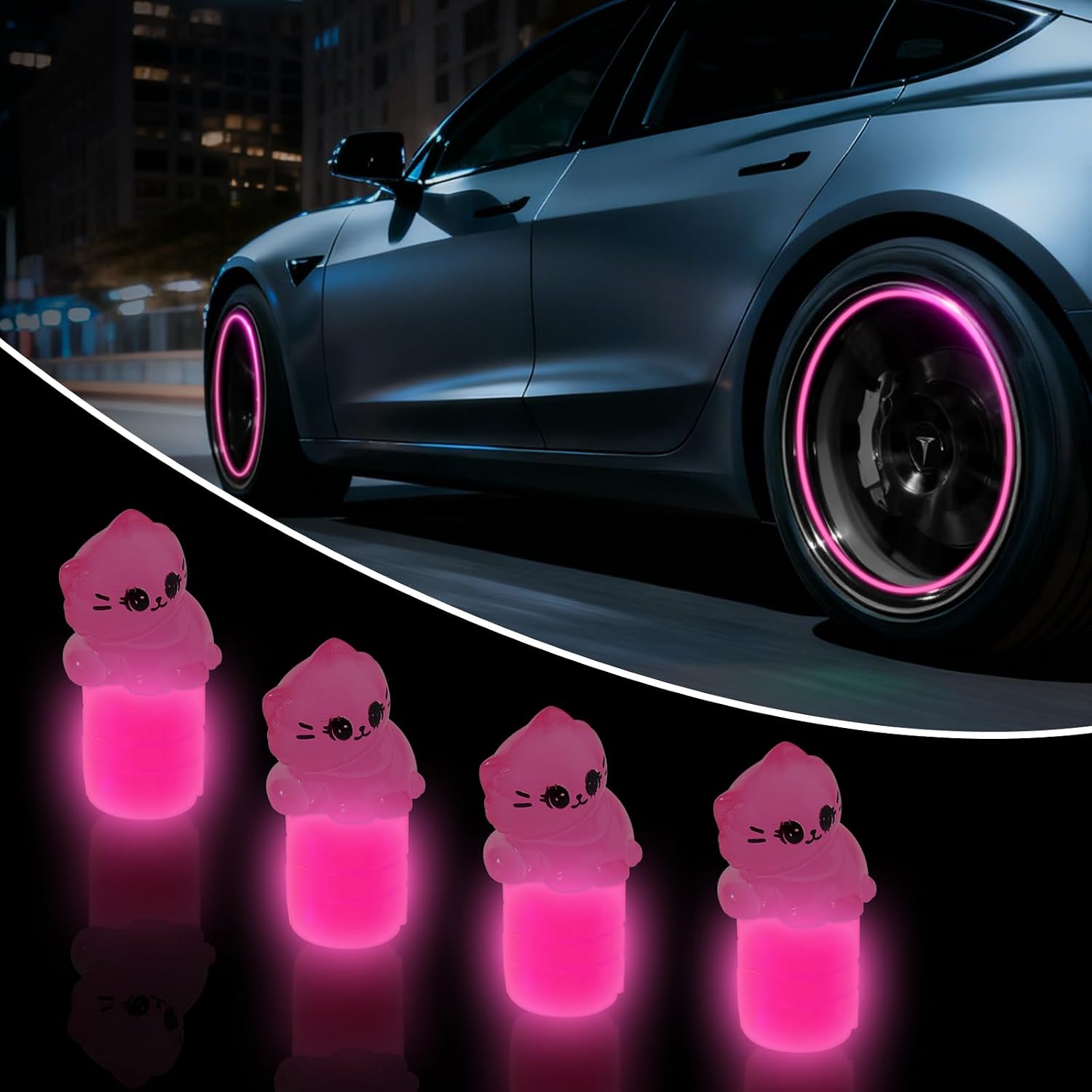 Rislobx 4 Pack Glow in The Dark Tire Valve Caps, Cute Cat Valve Stem Caps, Universal Tire Air Cap Covers for Car,SUV,Bike, Motorcycle (Cat)