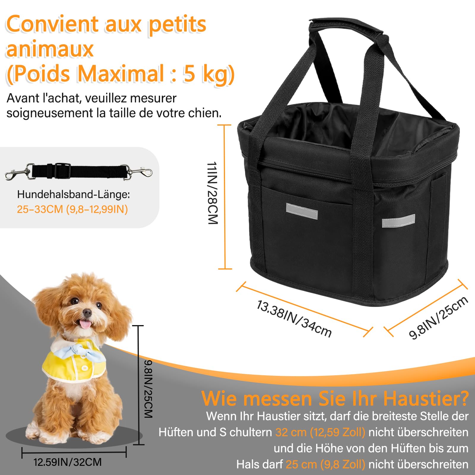 Panier Vélo Avant, Amovible Vélo Guidon Panier, Panier Vélo Chien | Mit Cadre en Alliage D'aluminium pour VTT, Shopping, Petit Animal Domestique Petit Chien Jusqu'à 5 kg, Noir Réfléchissant