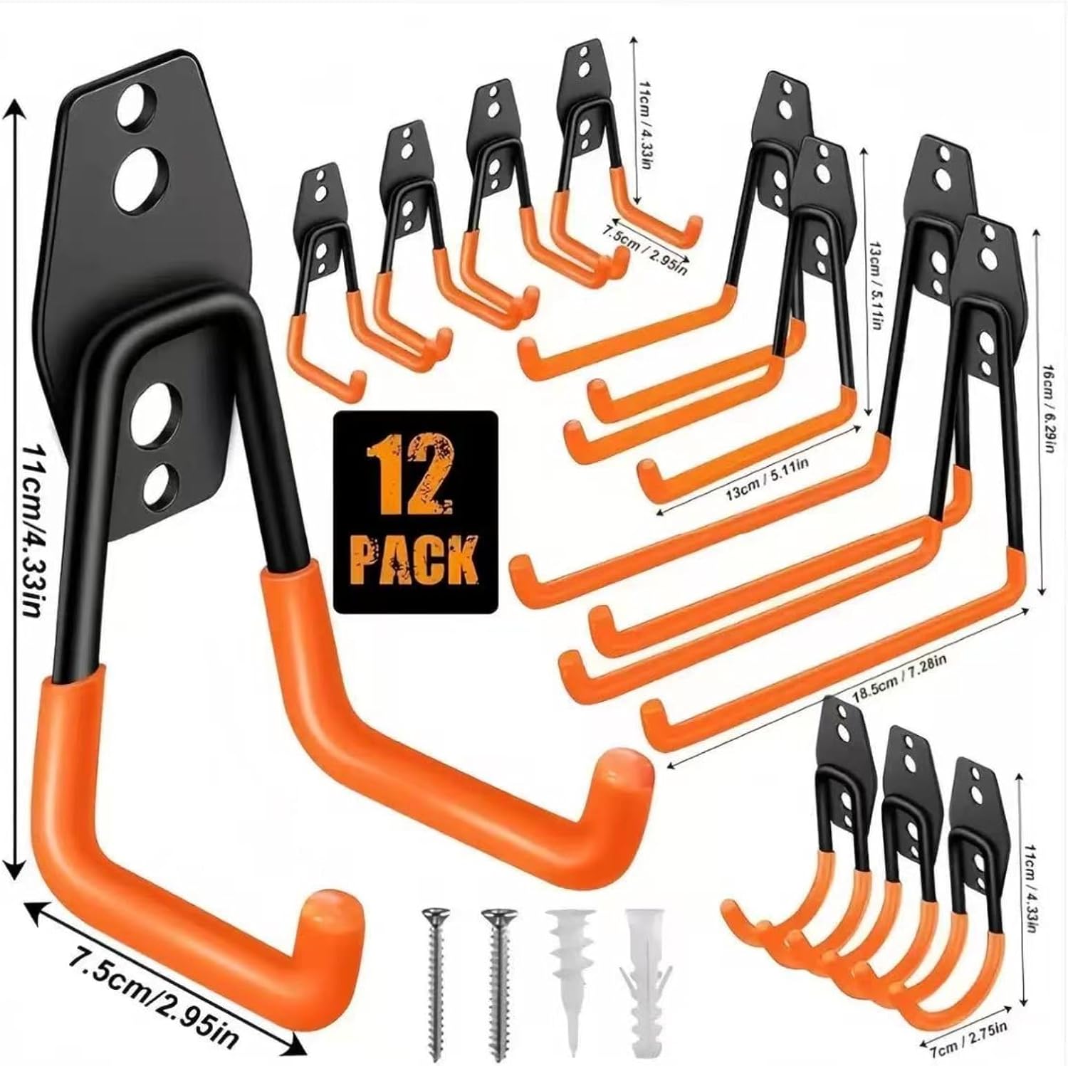 Heavy Duty Garage Hooks 12 Pack, Wall Mount Storage Hangers for Organizing Shovels, Rakes, Hammers, Saws, Garden & Workshop Tools, Durable & Space - Saving