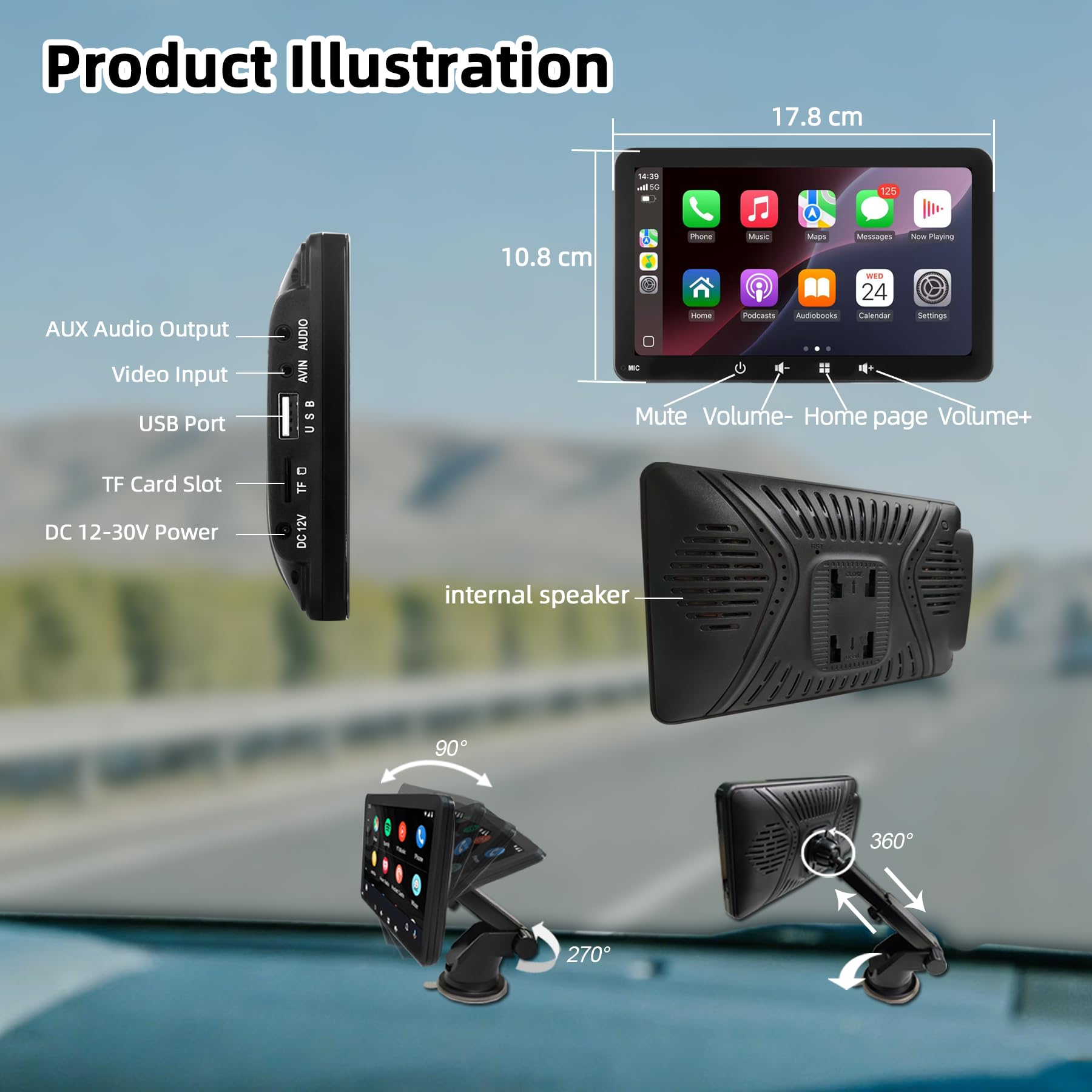 Écran Voiture 7" avec Carplay et Android Auto sans Fil, Caméra de Recul | Écran Tactile, Écran carplay avec ports USB/AUX/TF, Plug & Play Autoradio Portable, pour la plupart des voitures