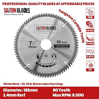 Saxton TCT18580T TCT Circular Wood Saw Blade 185mm x 30mm Bore x 80T for Bosch Makita Dewalt Fits 190mm Saws