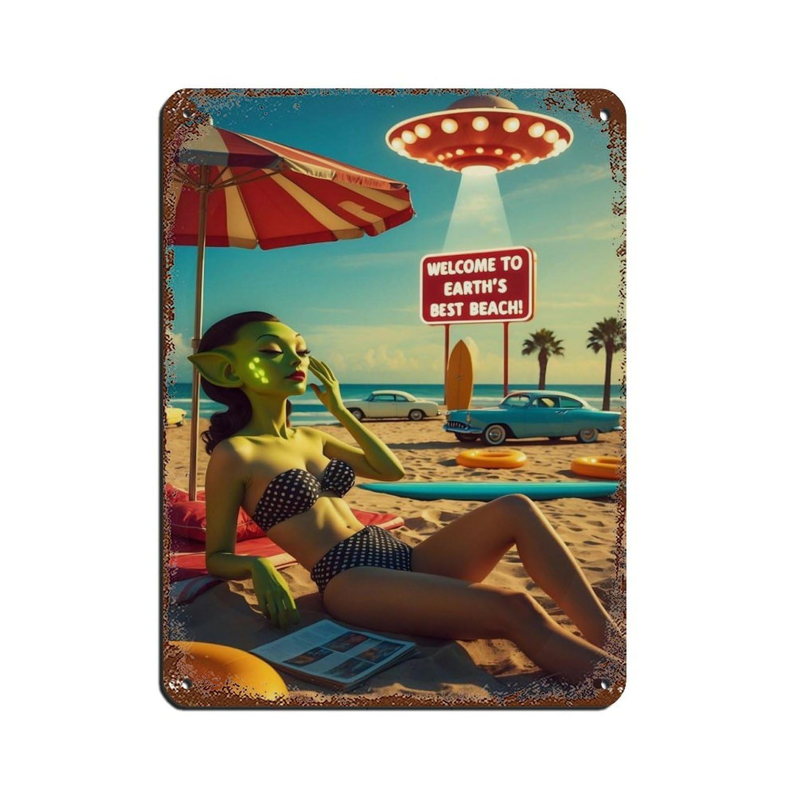 Vintage Alien Beach Scene Retro Poster Metal Tin Sign Chic Art Retro Iron Painting Bar People Cave Cafe Family Garage Poster Wall Decoration 12x16inch(30x40cm)