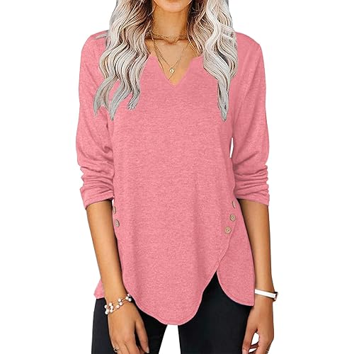 Womens Tops Long Sleeve Shirts V Neck Fall Fashion 2023 Trendy Tunic Fashion Blouses Button Down Clothes