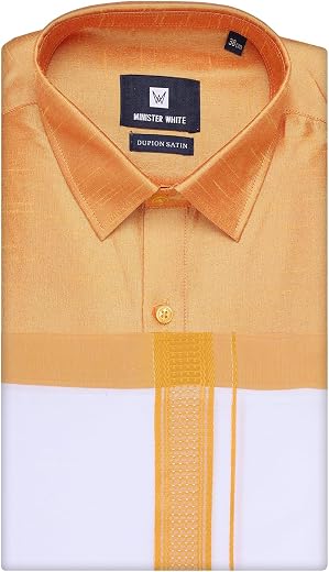 MINISTER WHITE Mens Dupion Satin Half Sleeve Shirt with Matching Border Dhoti Combo Set Traditional Ethnic Wear for Weddin...