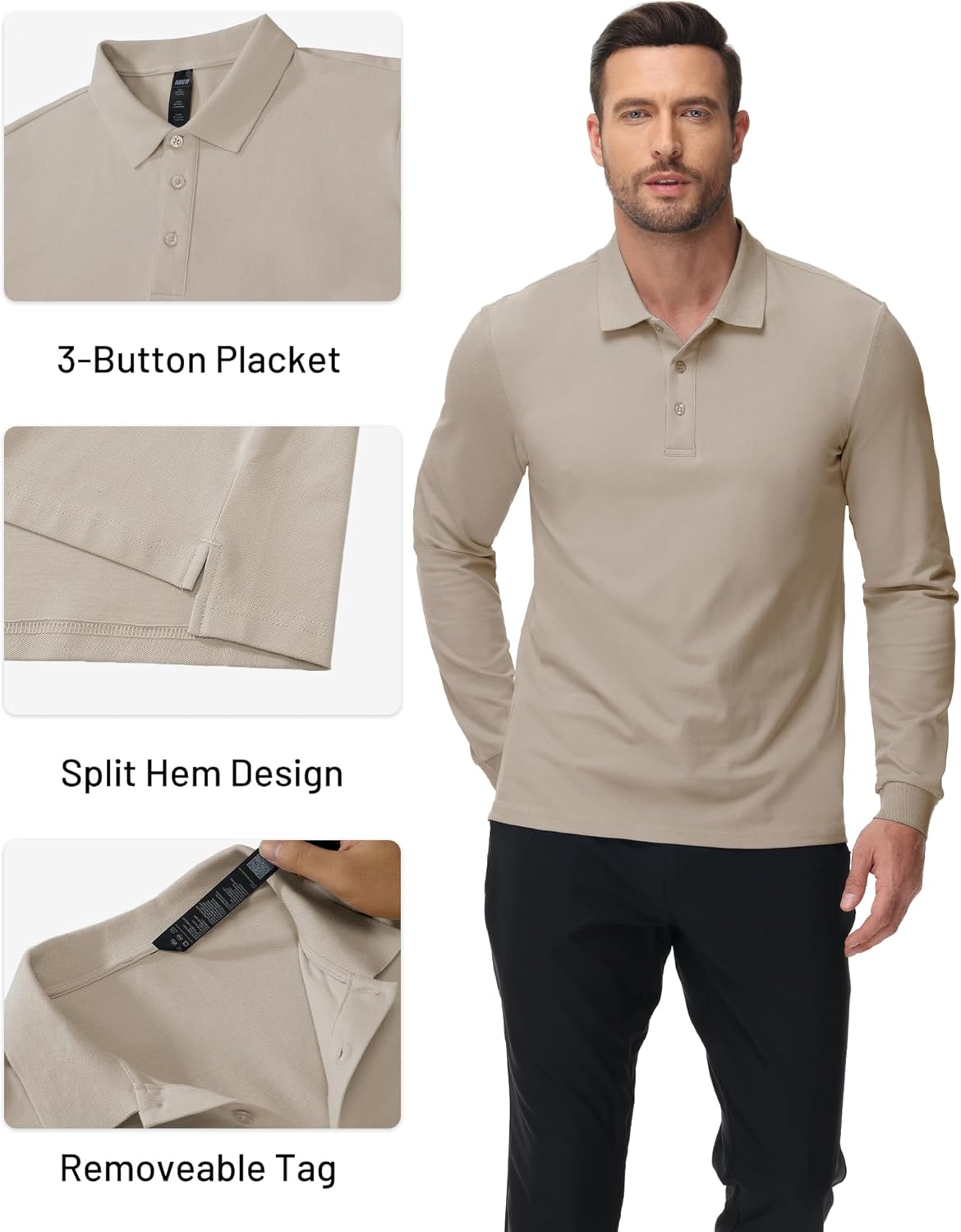 MIER Polo Shirts for Men Cotton Long Sleeve Golf Tennis Collared Shirt for Casual Work Travel, 3 Buttons, Ultra Soft - Image 4