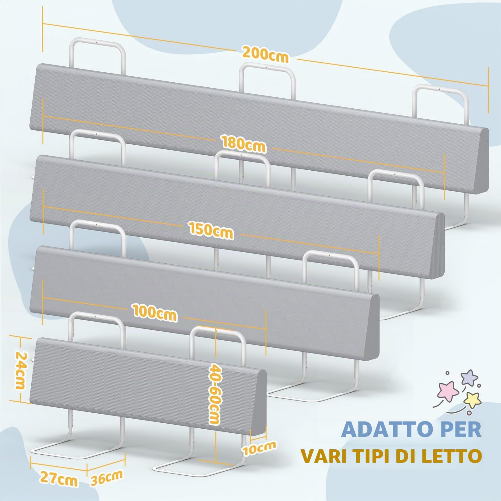 Sponde per letto bambini – Barriera letto sicurezza per bambini, protezione per letto matrimoniale e lettino, altezza regolabile 40-60 cm, rimovibile, portatile, grigio, 180cm