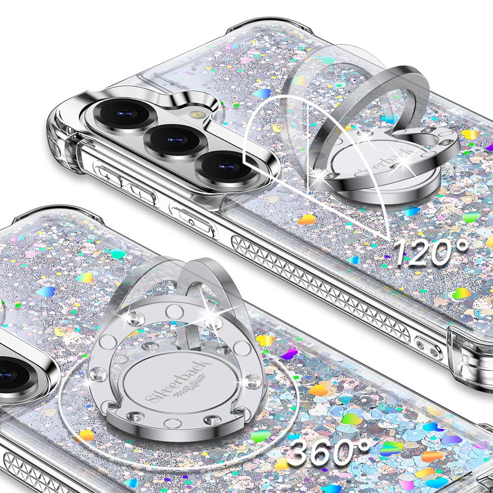 Silverback Etui na telefon Samsung Galaxy S26 z paskiem dla dziewcząt i kobiet, błyszczące etui z podpórką pierścieniową, etui ochronne do Galaxy S26, srebrne