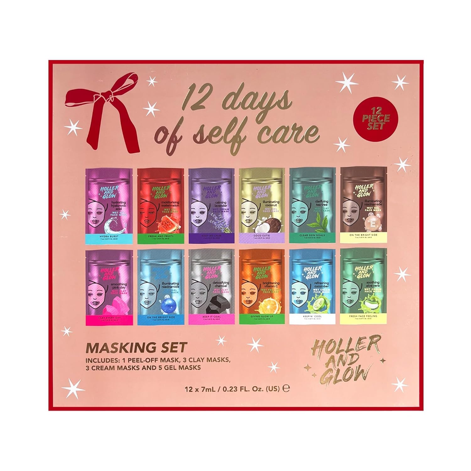 Holler And Glow 12 Days of Self Care Facial Mask Set, Valentine's, Hydrating Hyaluronic Acid, Moisturizing, Calming, Illuminating, Smoothing, Detoxifying, Brightening Vitamin C, 12 Piece Gift Set