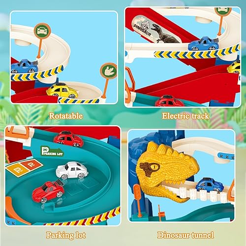 Miniatura 4 de Pista de carreras para niños, juego de pista de dinosaurios, juguete educativo, rampa, regalos preescolares para niños de 3, 4, 5 años, con 4 mini