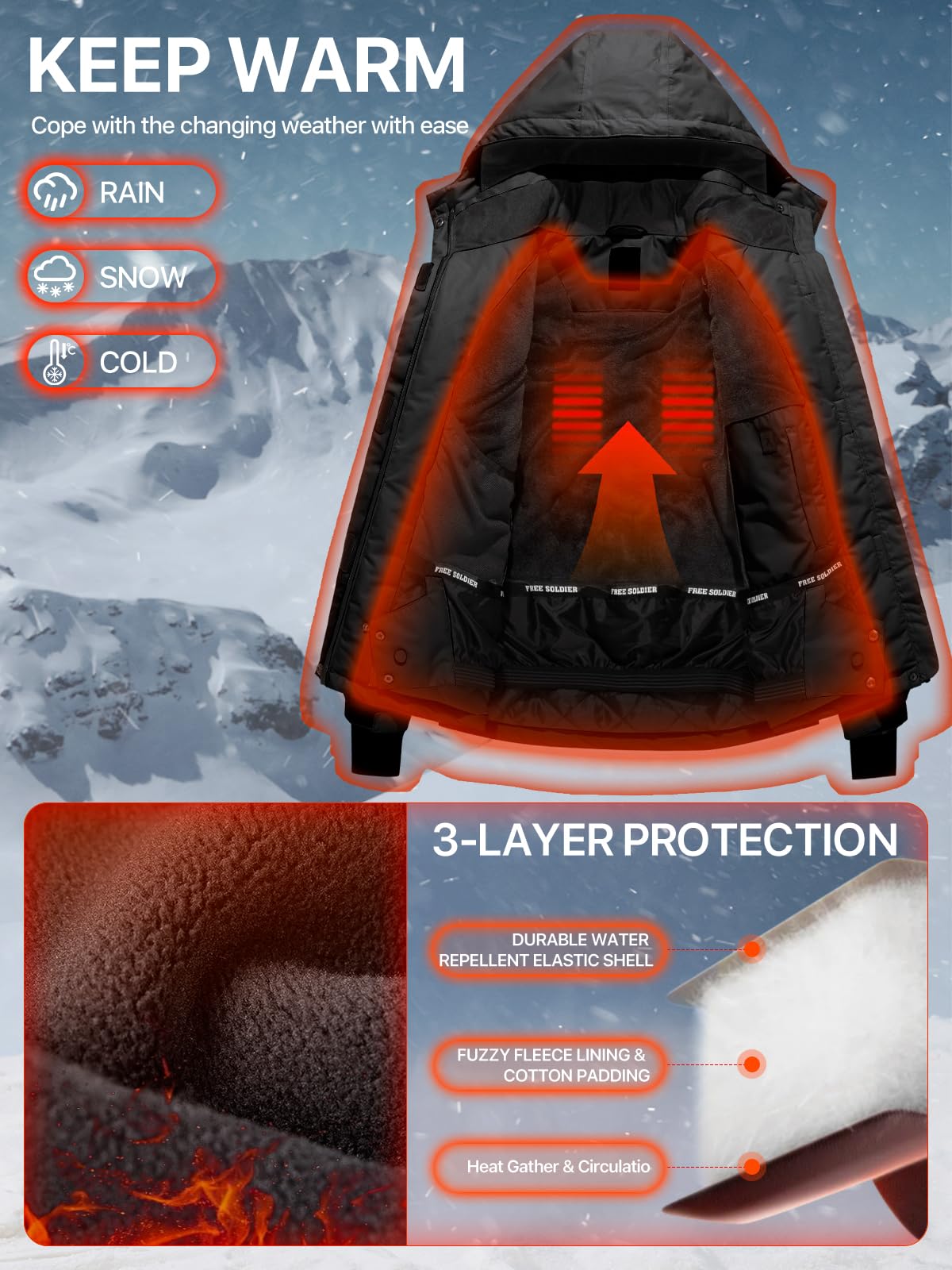 FREE SOLDIER Giacca Impermeabile da Ski/Neve Donna, Foderata in Pile, Calda per l'Inverno con Cappuccio e Cuciture Completamente Sigillate