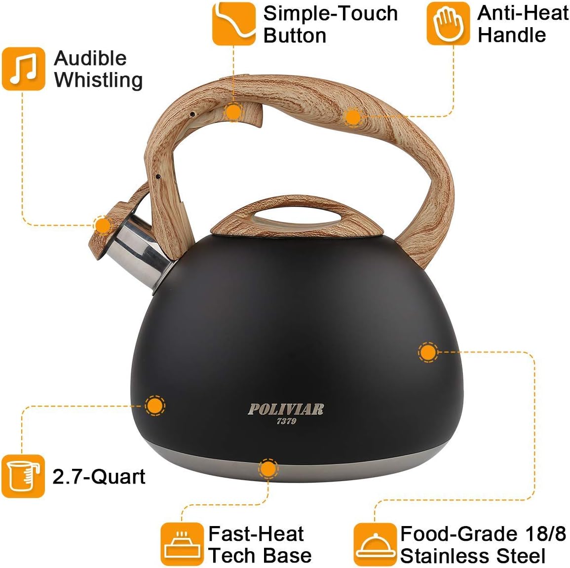 Buy POLIVIAR Tea Kettle, Black Ti Stovetop Tea Kettle 2.7 Quart