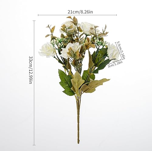 Miniatura 2 de Flores artificiales, 5 racimos, 12 rosas pequeñas de seda falsa, arreglo de flores de plástico para ramos de boda, decoración del hogar, centros de