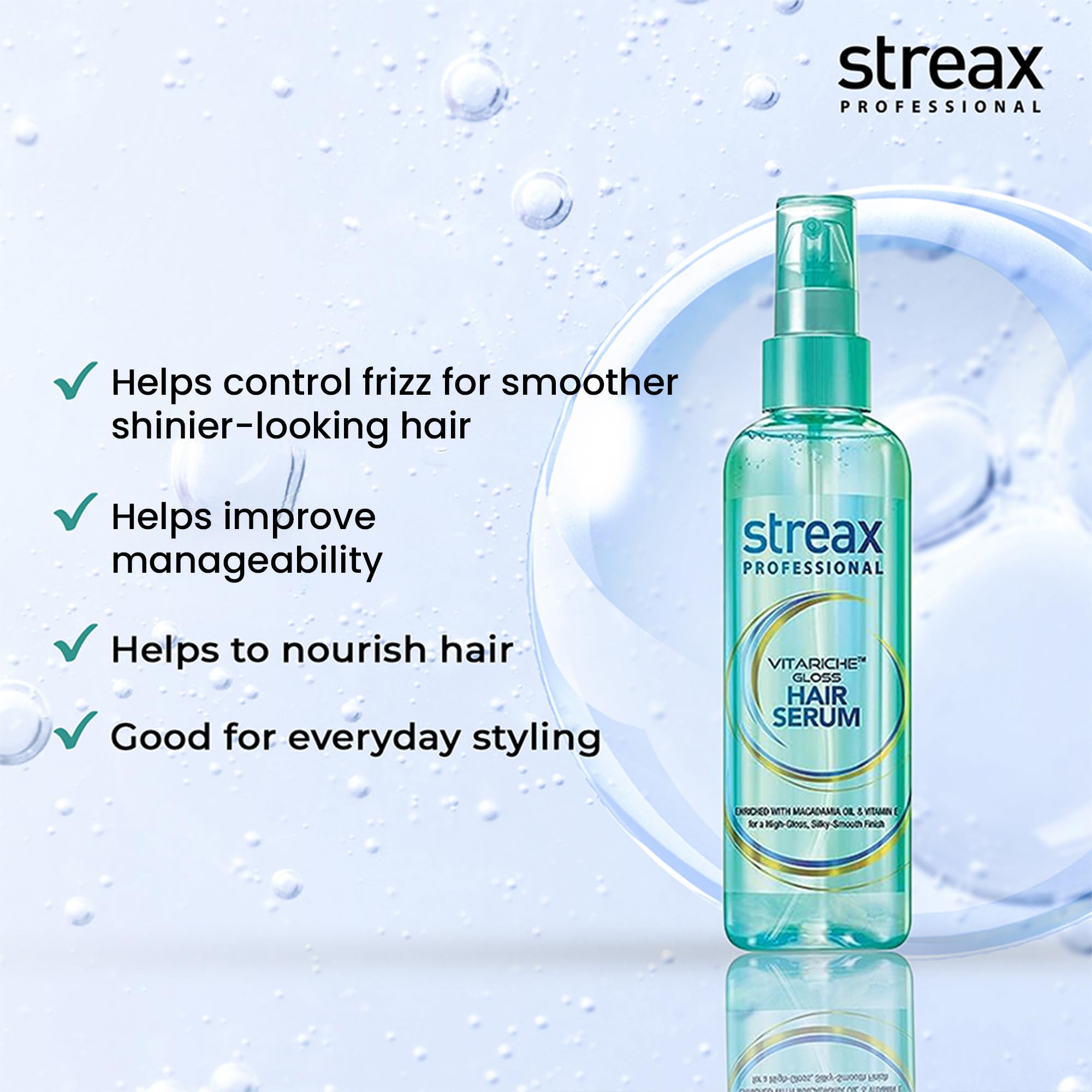Streax Professional Vitariche Gloss Hair Serum, 200ml|for Dry Frizzy Hair|for Women|Enhance Shine and Smoothness, Anti Frizz |With Vitamin E & Macadamia Oil| For Curly Hair, Straight Hair, Wavy Hair 1