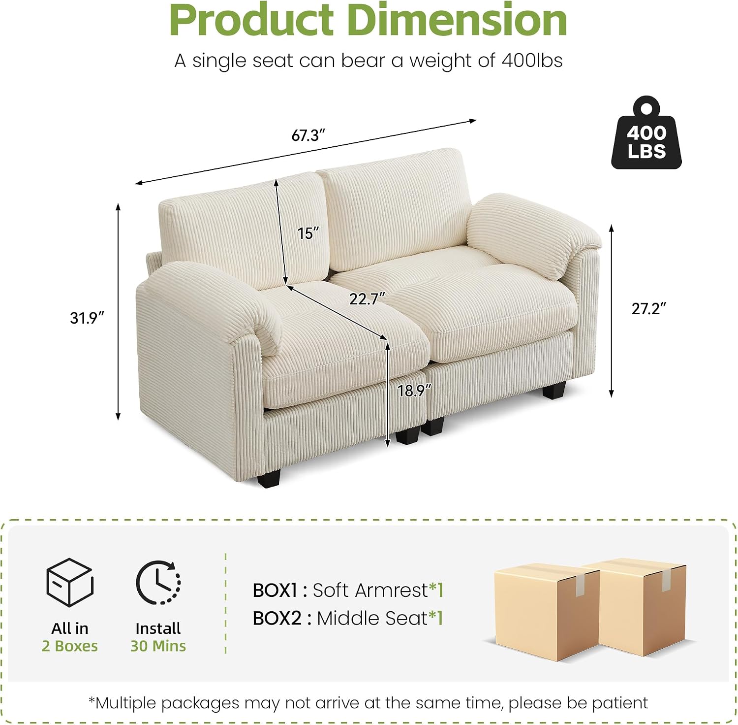 67'' Sectional Loveseat Sofa, 2-Seater Modular Love Seat Couch for Living Room, Corduroy Deep Seat Cloud Couches with Rolled Edge Armrest, Beige