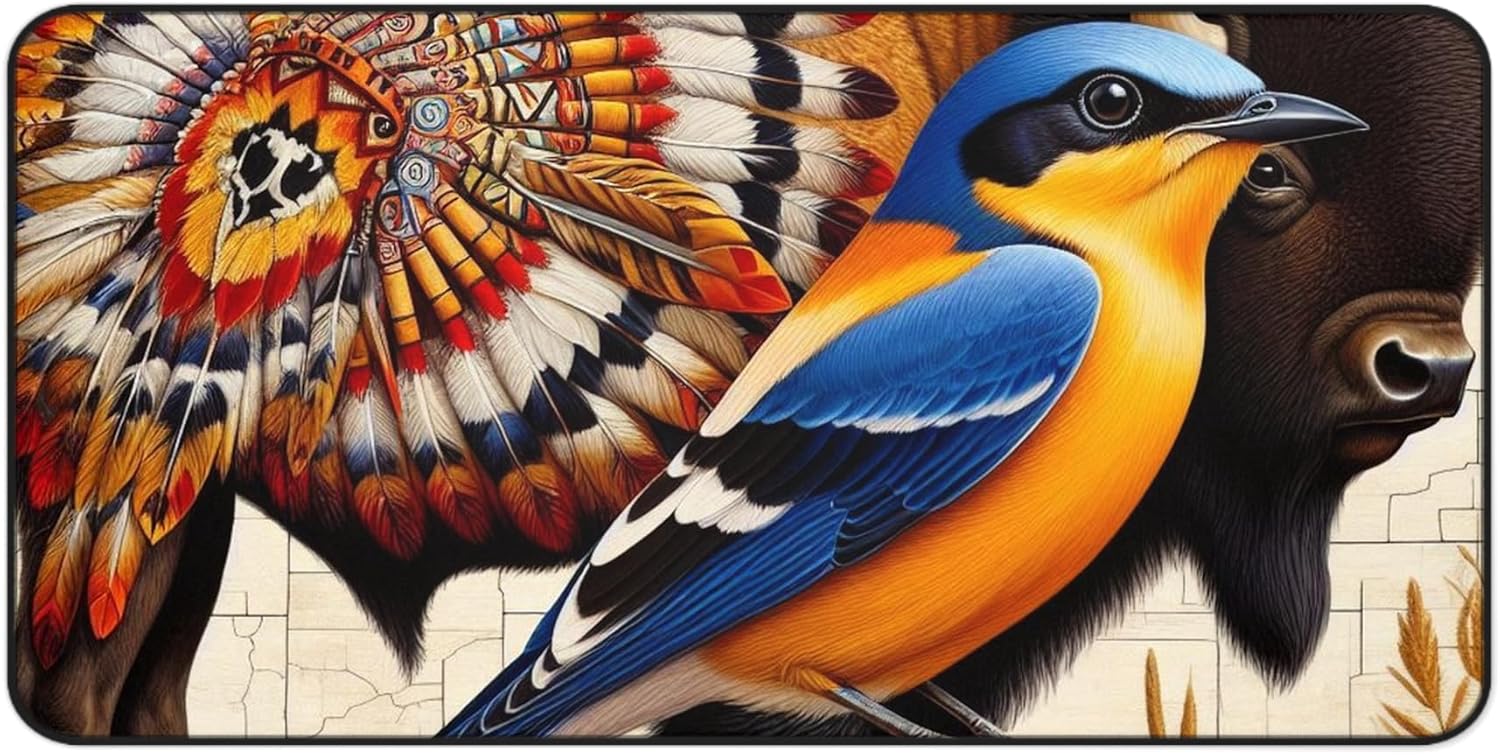 Oklahoma Indian Blanket Buffalo Scissor-Tailed Flycatcher Desk Mat - Vibrant Colors Rubber Base